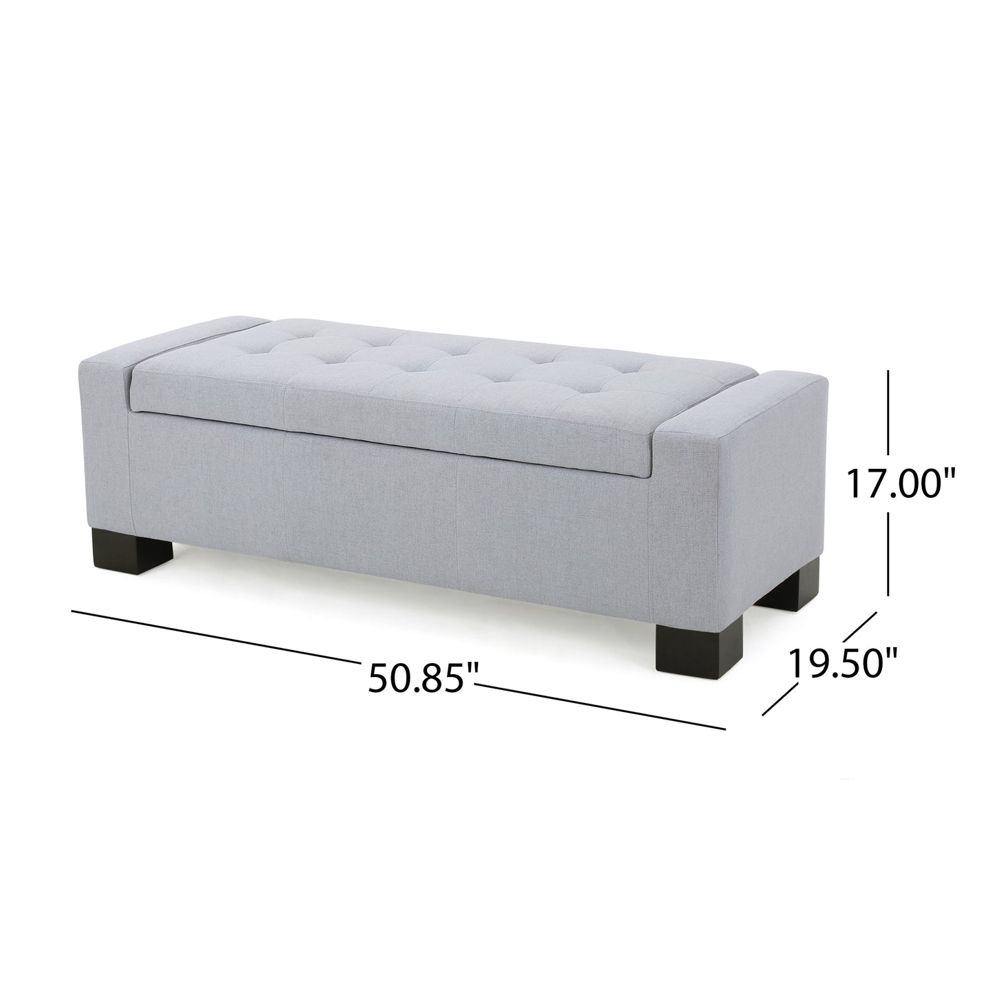 Light gray tufted storage ottoman with dark wood feet