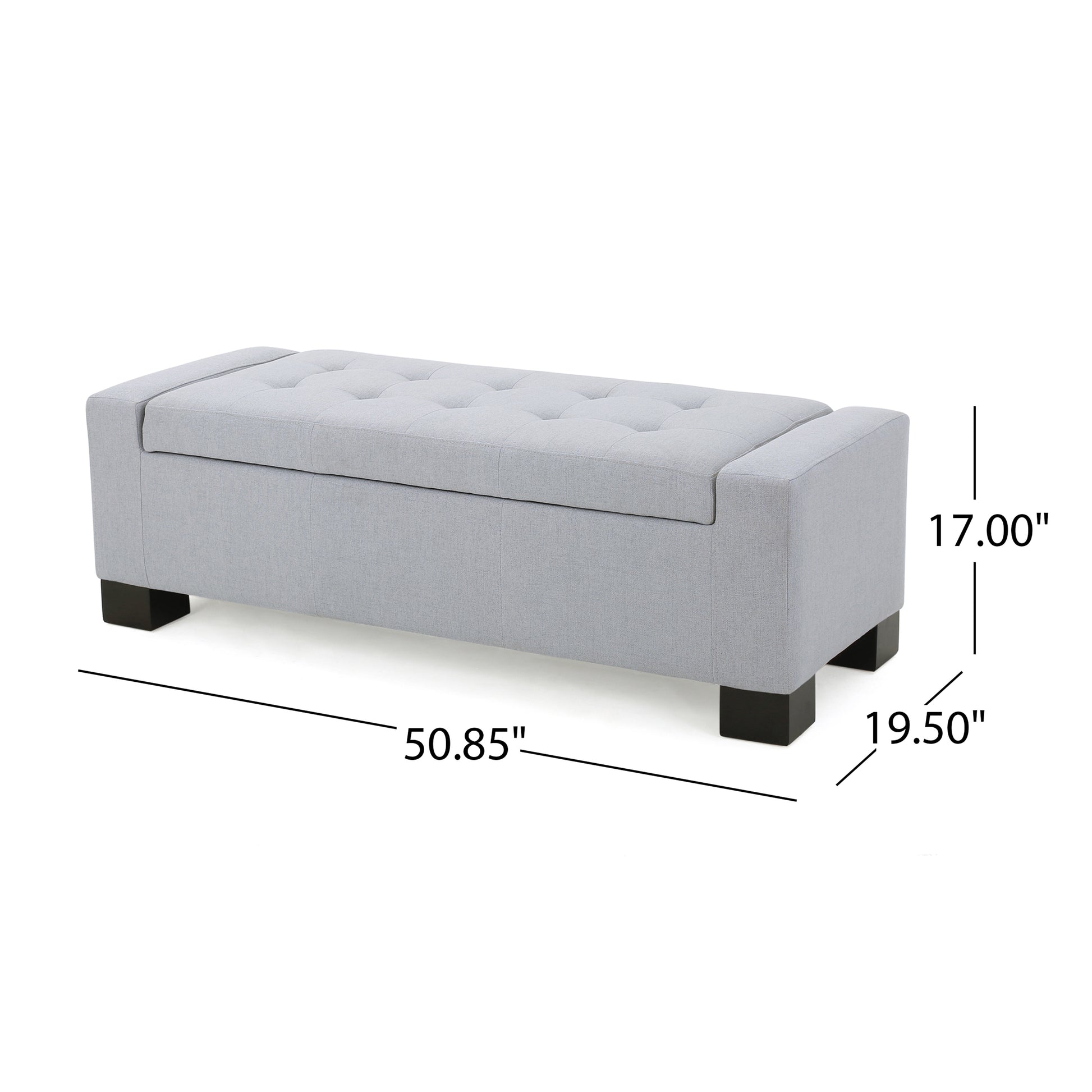 Light gray tufted storage ottoman with dark wood feet