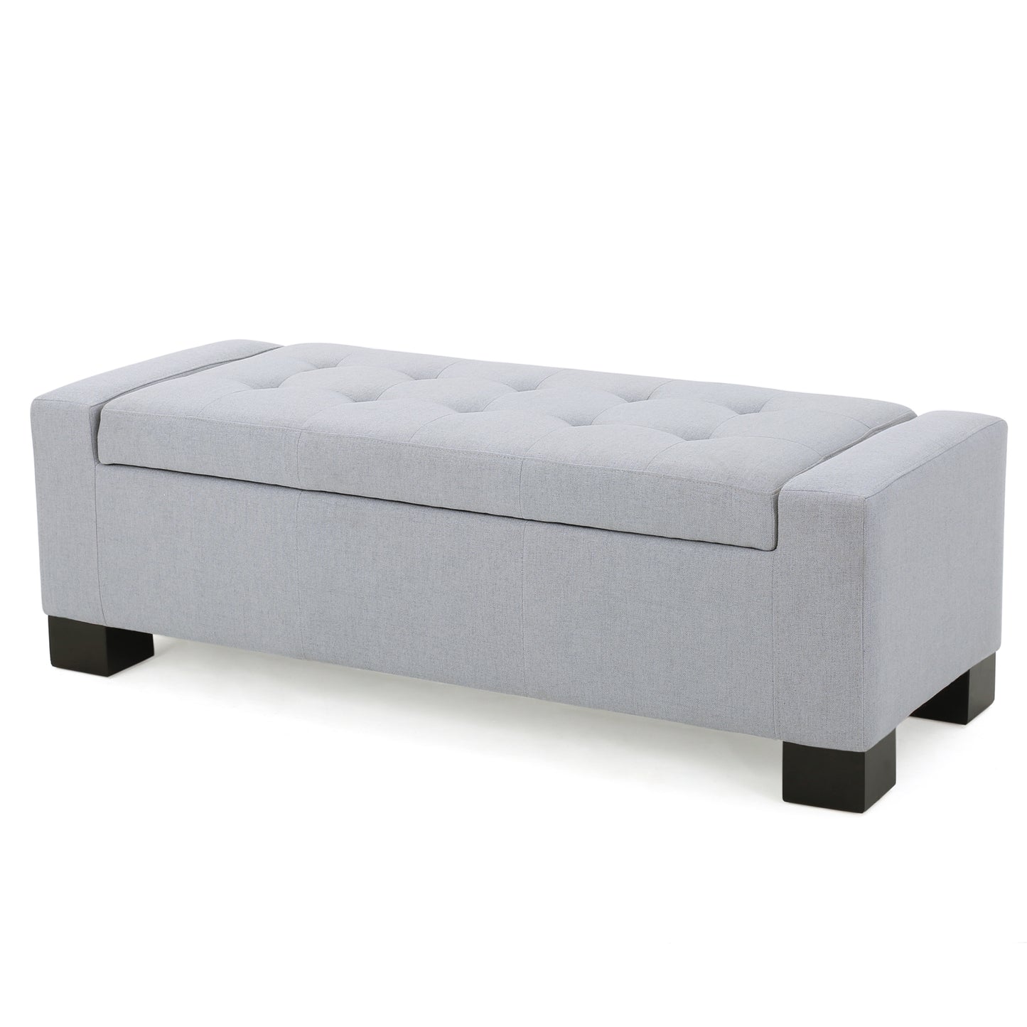 Grey fabric storage bench with tufted lid and dark wooden legs