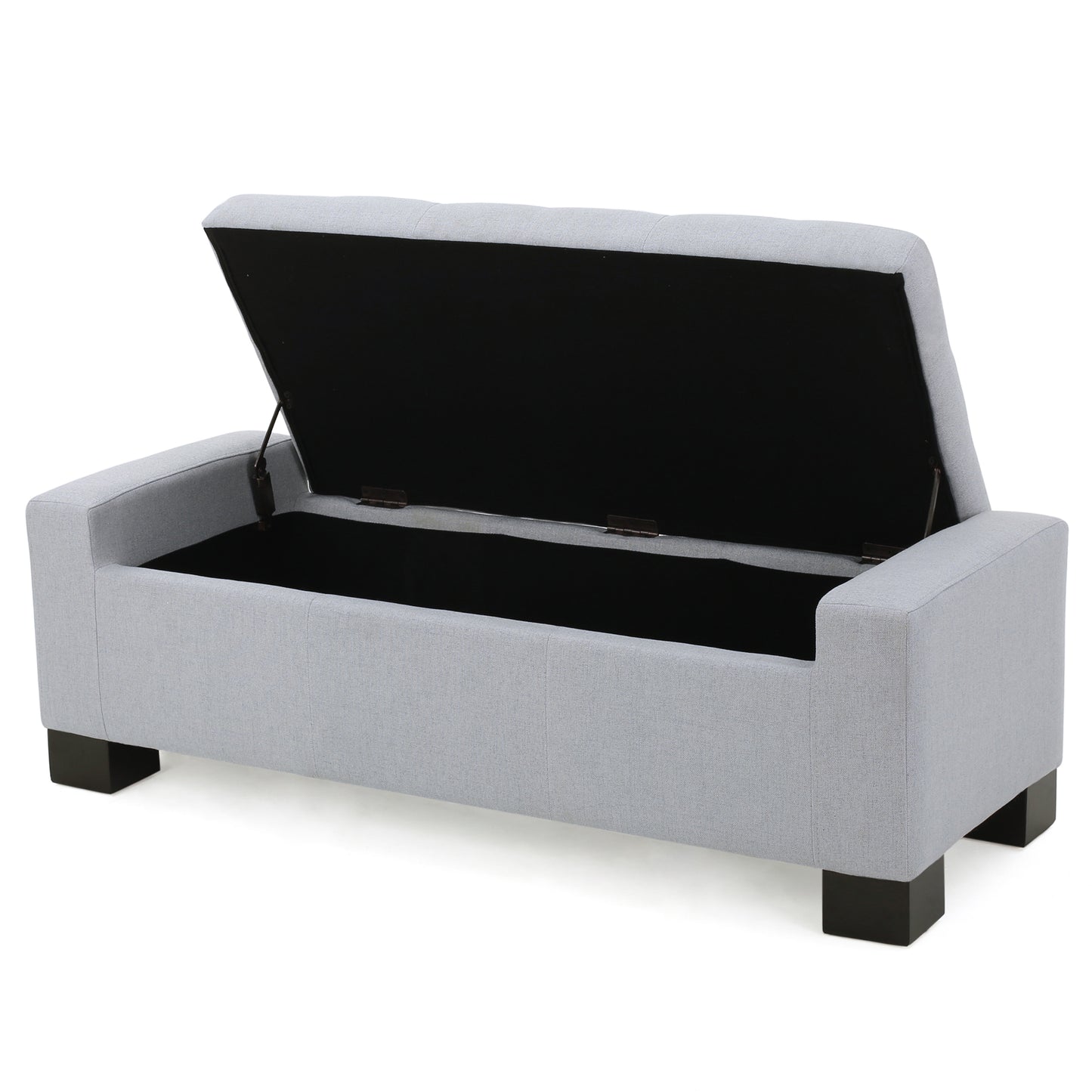 Grey fabric storage ottoman with tufted lid open