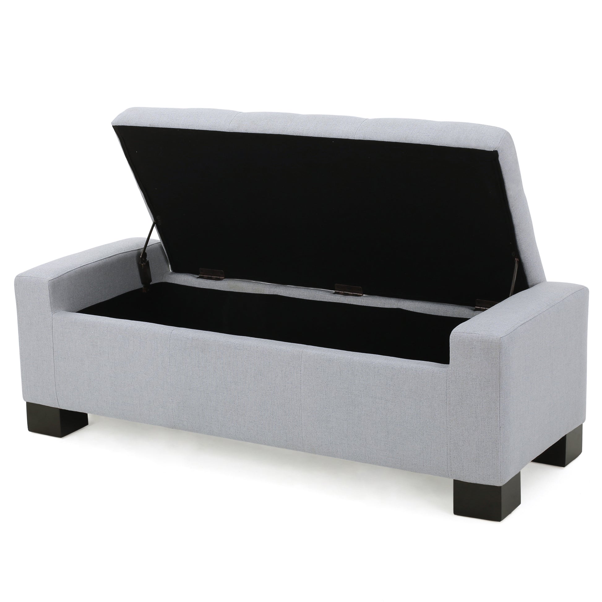 Grey fabric storage ottoman with tufted lid open