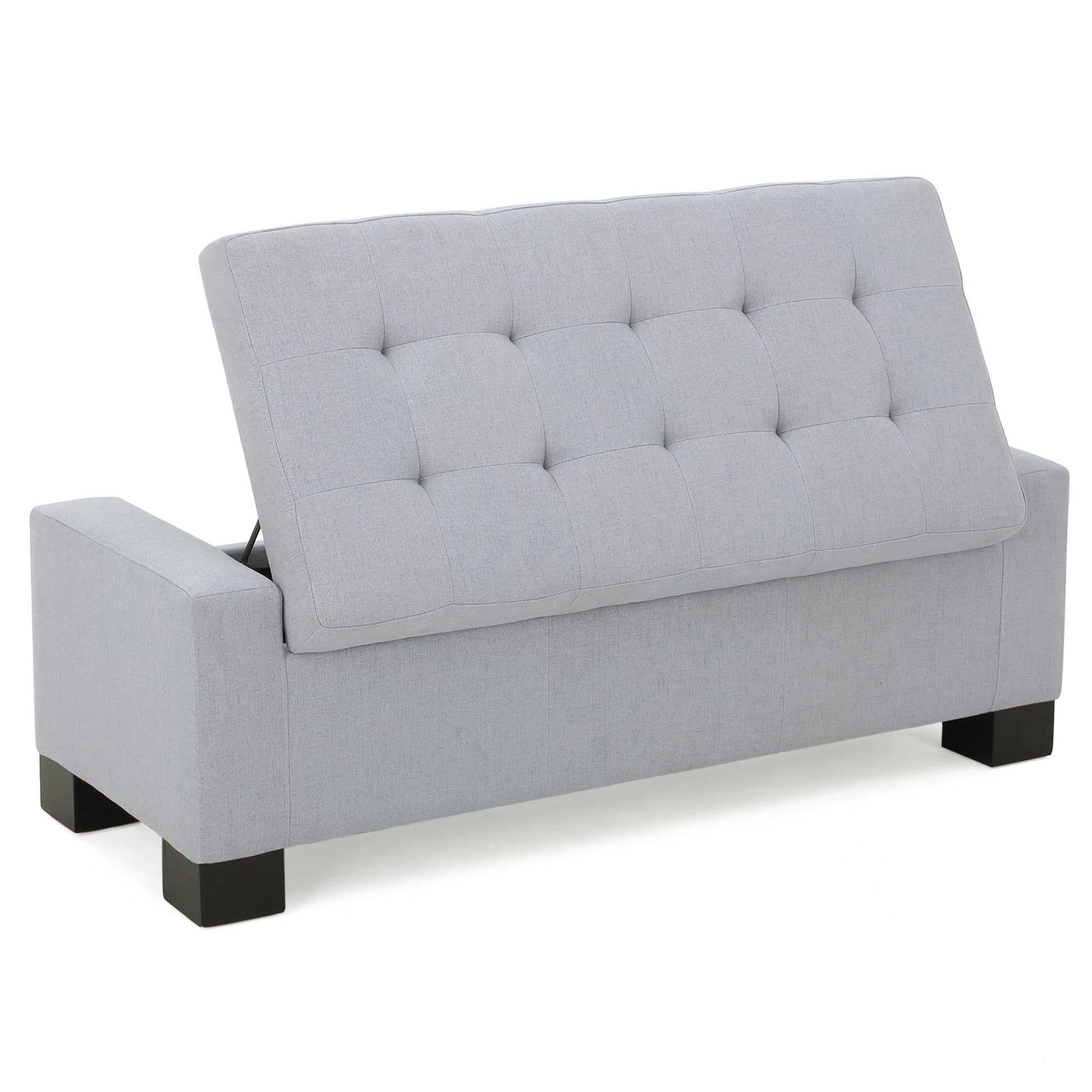 Grey linen storage ottoman with tufted top open
