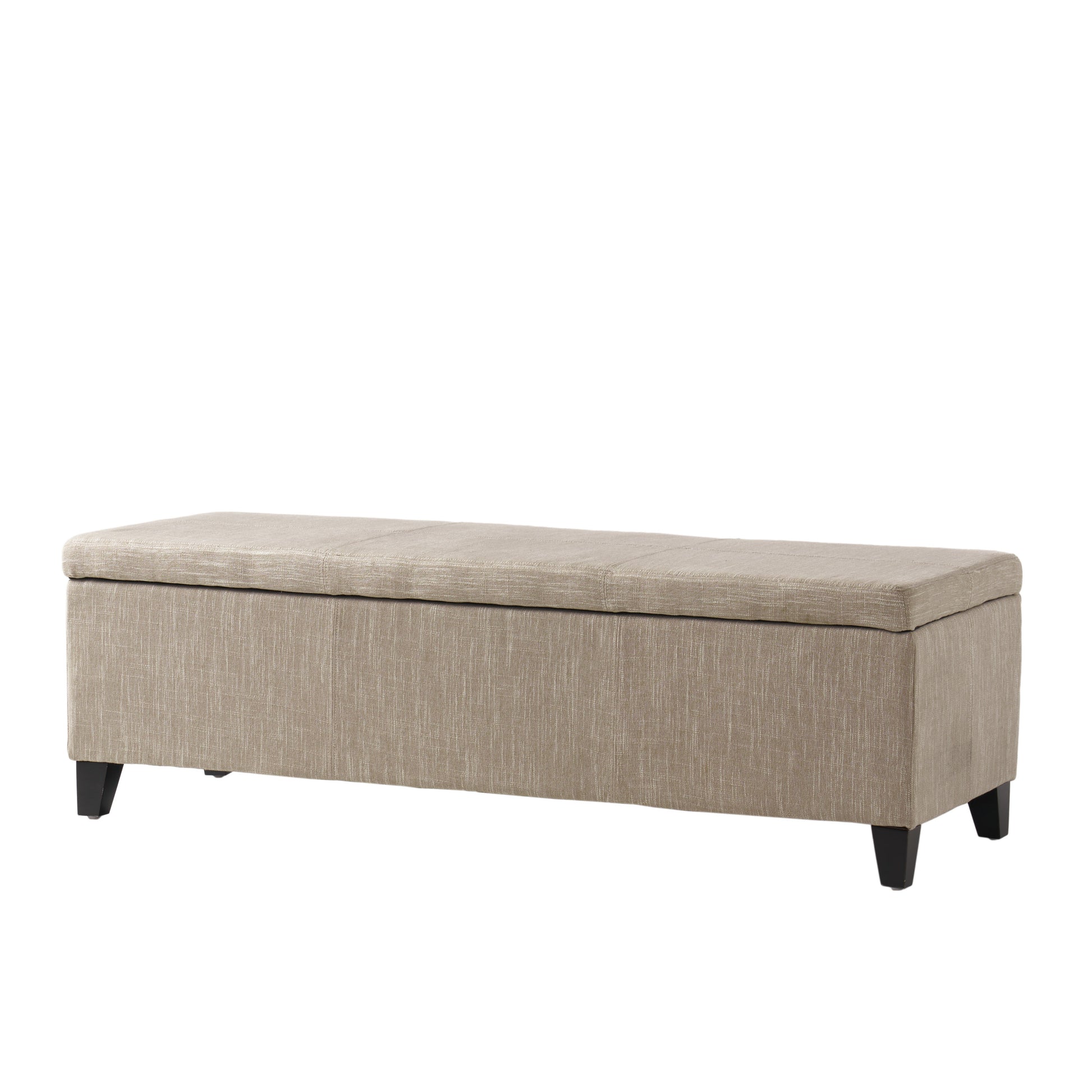 Beige linen storage ottoman with tapered black legs