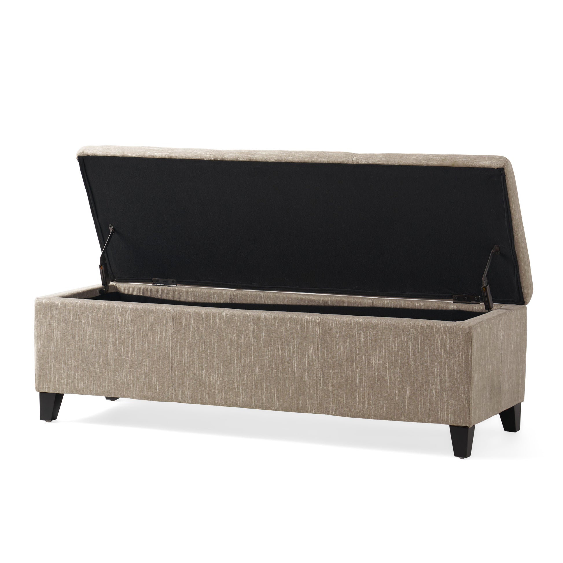 Beige linen storage ottoman with open lid
