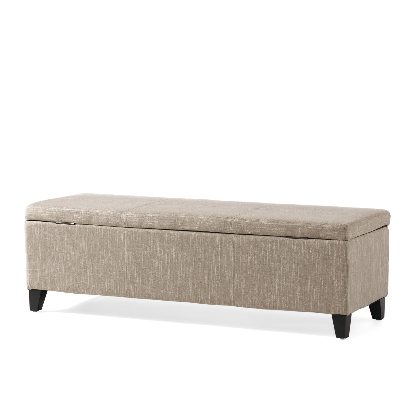 Beige fabric storage bench with tufted lid