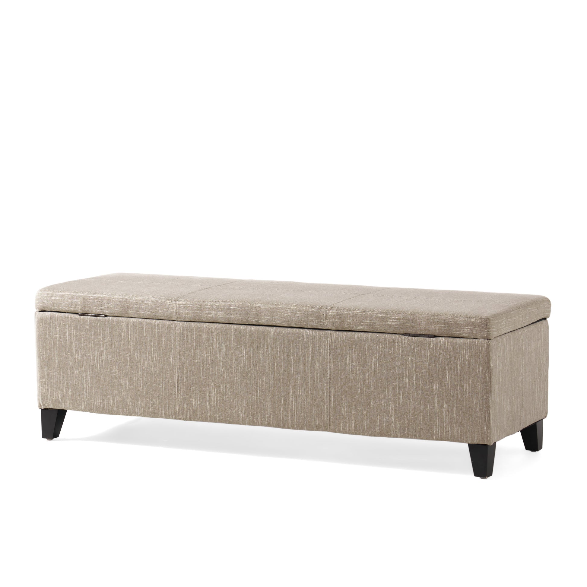 Beige fabric storage bench with tufted lid