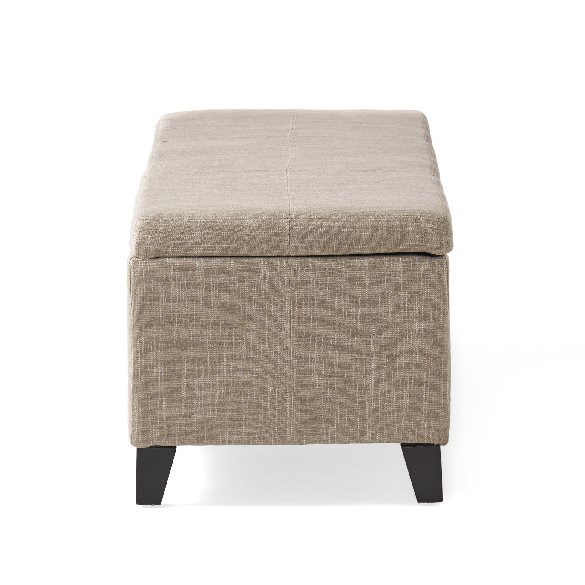 Beige storage ottoman with a textured fabric and dark tapered legs