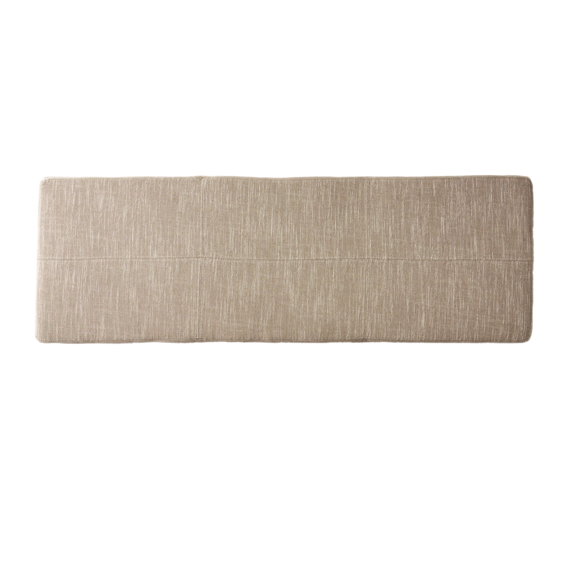 Beige linen upholstered bench with subtle texture and stitched seam