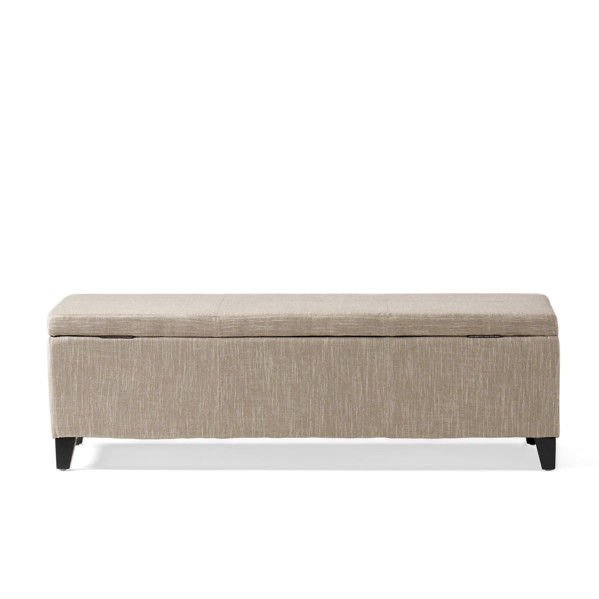 Beige linen storage ottoman with hinged lid and black tapered legs