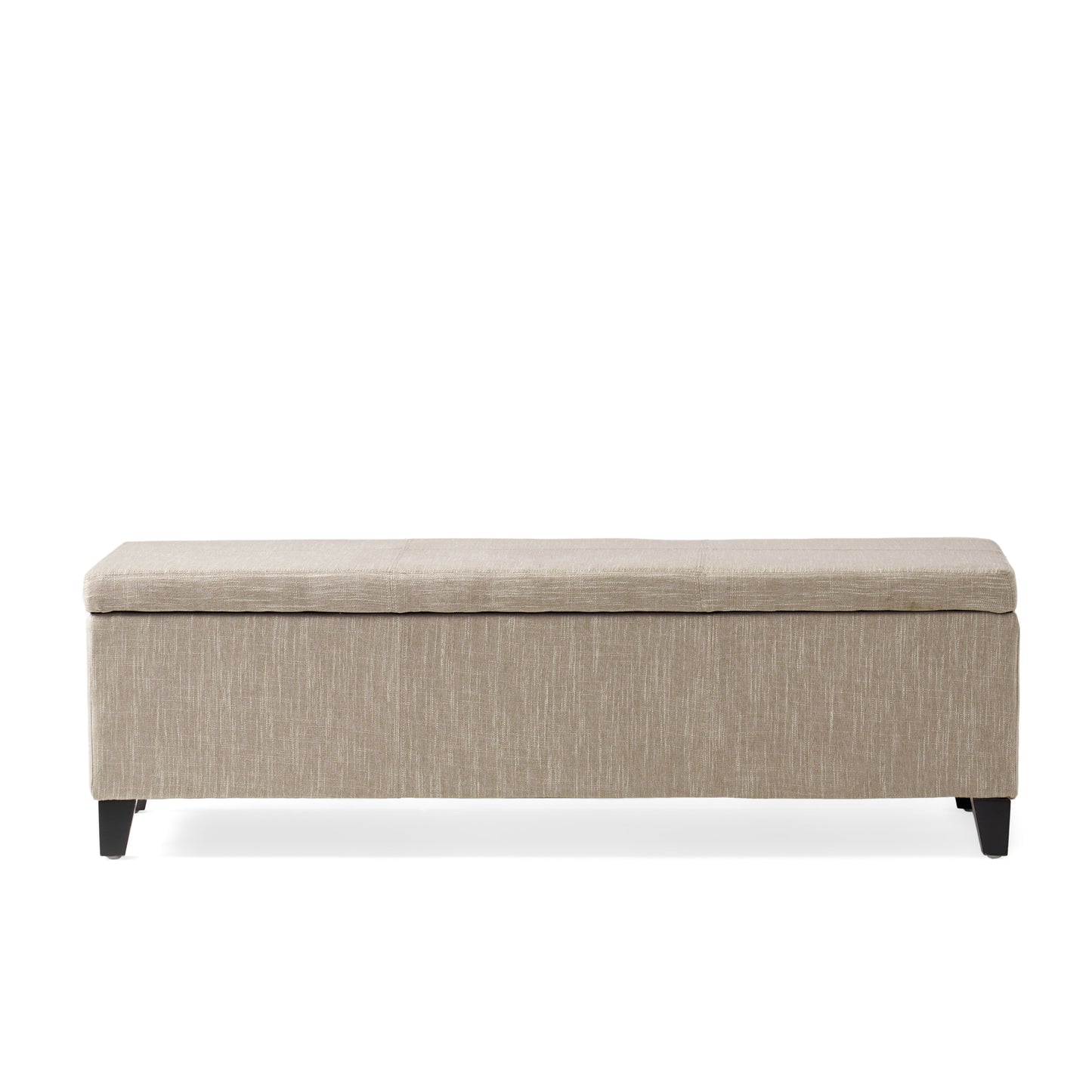 Beige upholstered storage bench with dark wood legs
