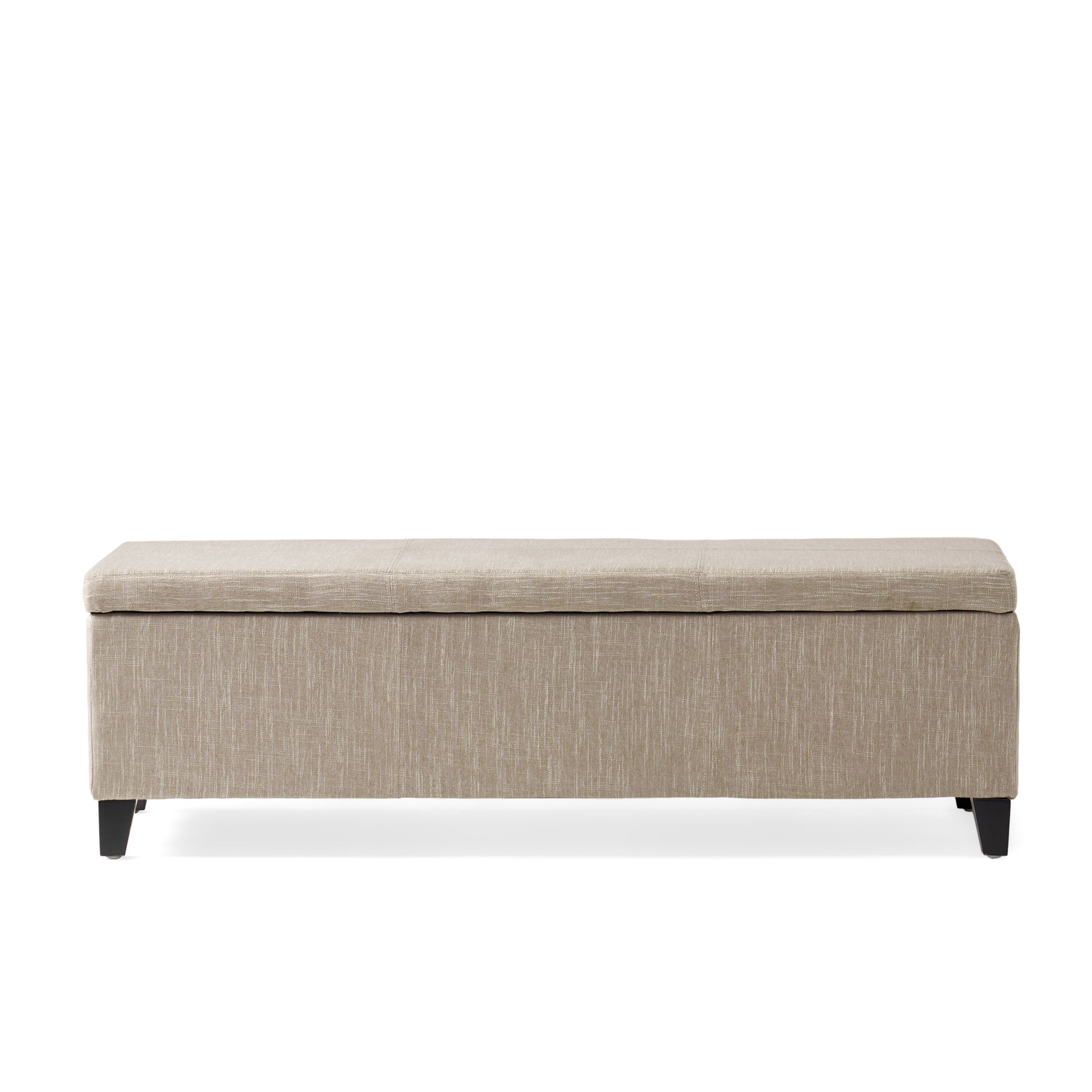 Beige upholstered storage bench with dark wood legs