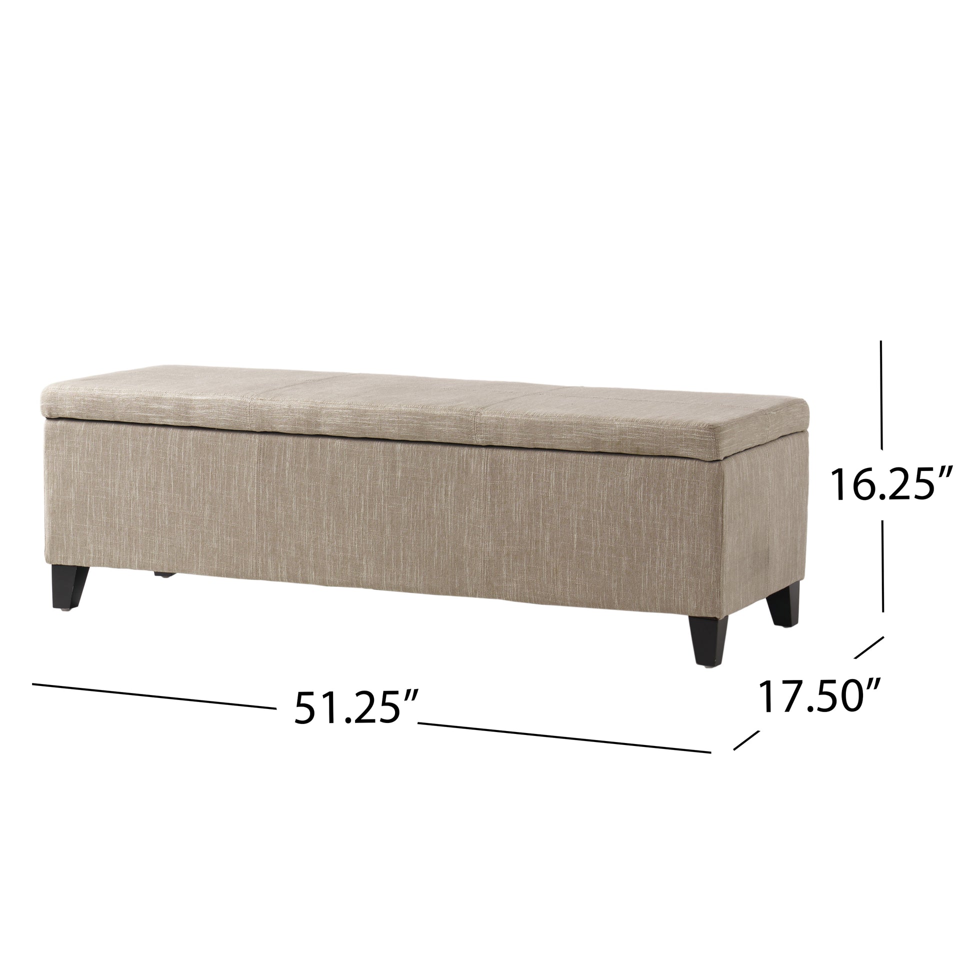 Beige linen storage ottoman with dark wooden legs