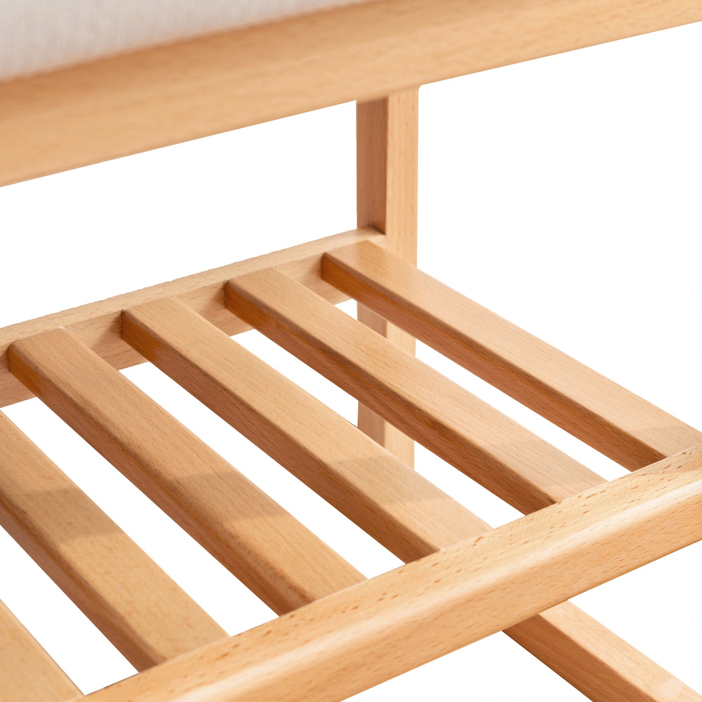 Natural wood shoe rack with slatted shelves
