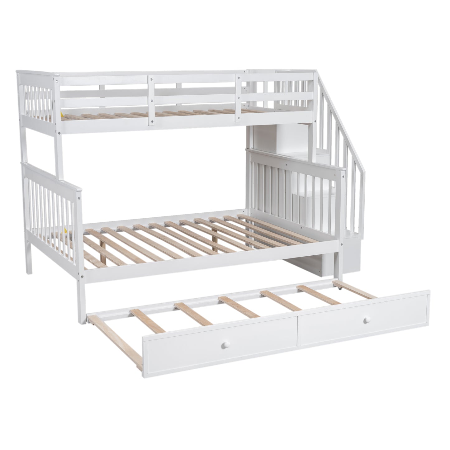 White wooden bunk bed with stairs and pullout trundle
