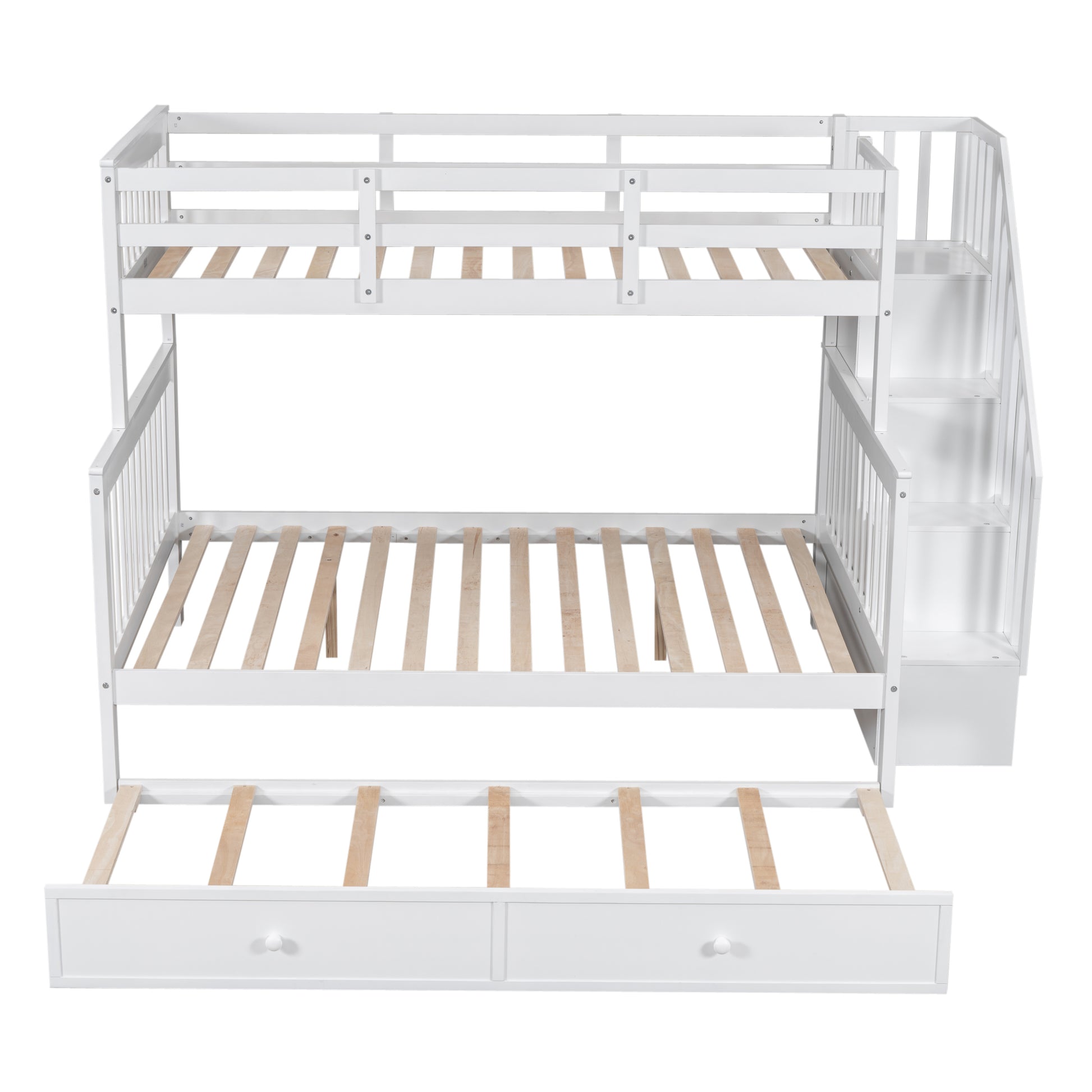White wood triple bunk bed with stairs and storage drawers