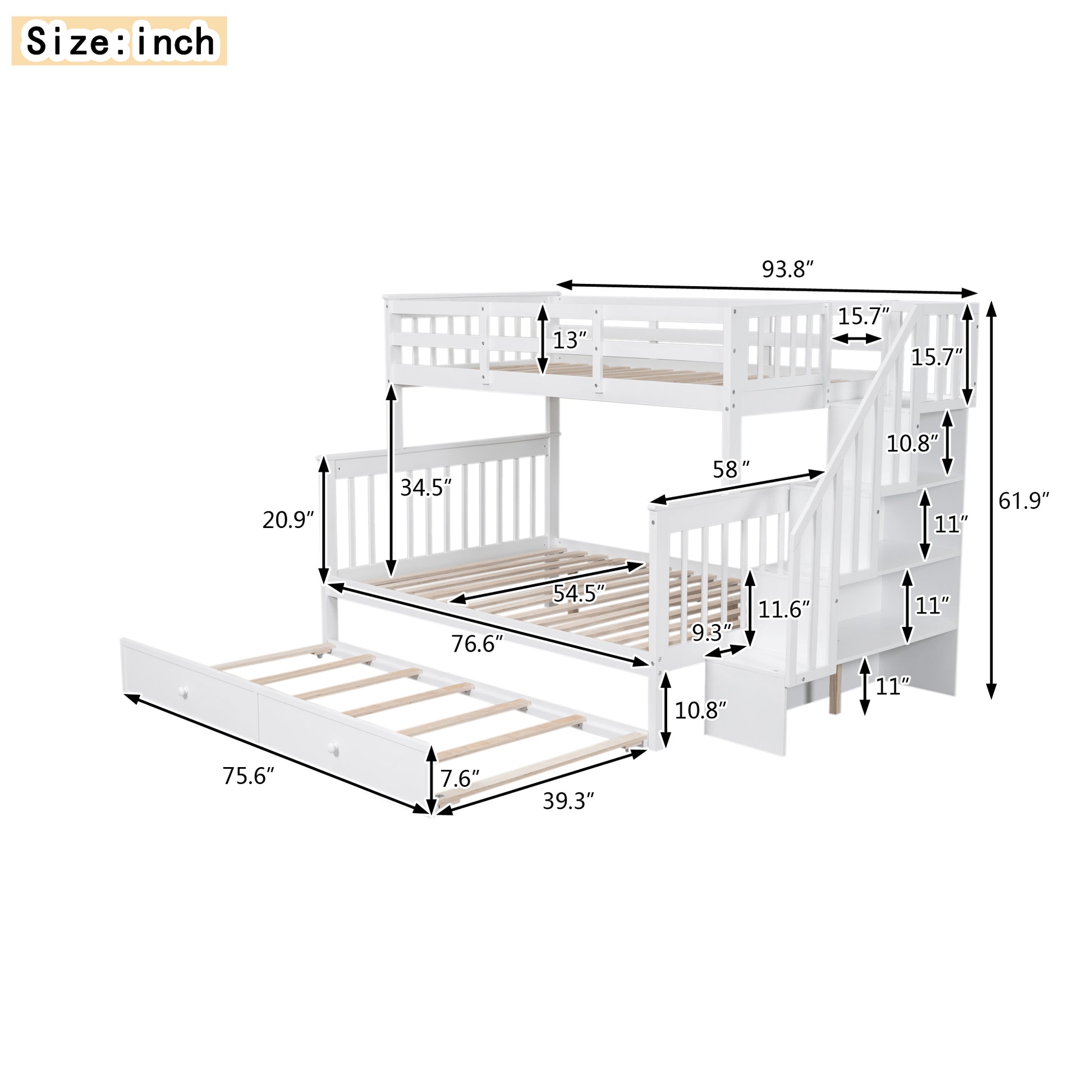 White wood triple bunk bed with staircase and trundle drawer