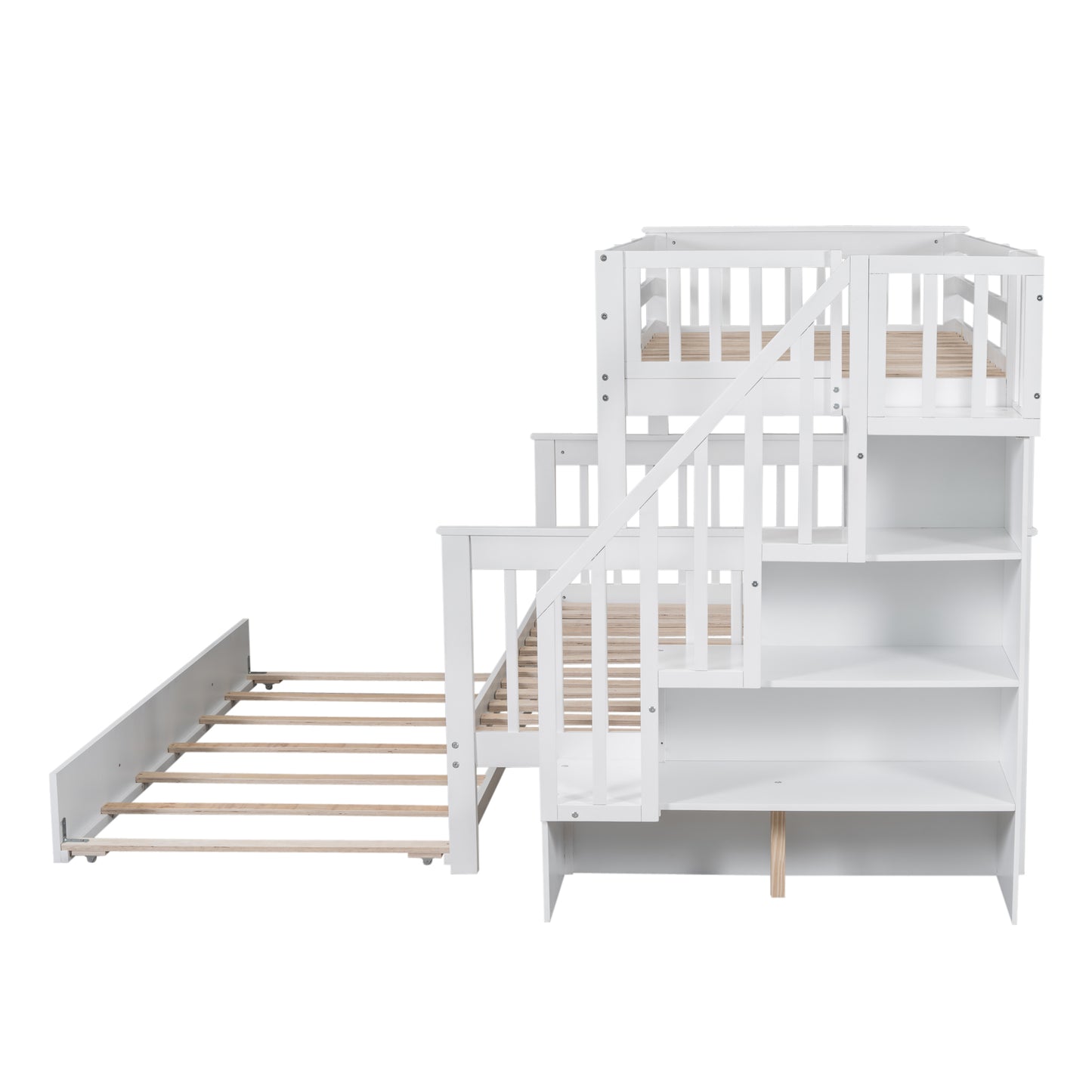White wooden bunk bed with stairs and storage shelves