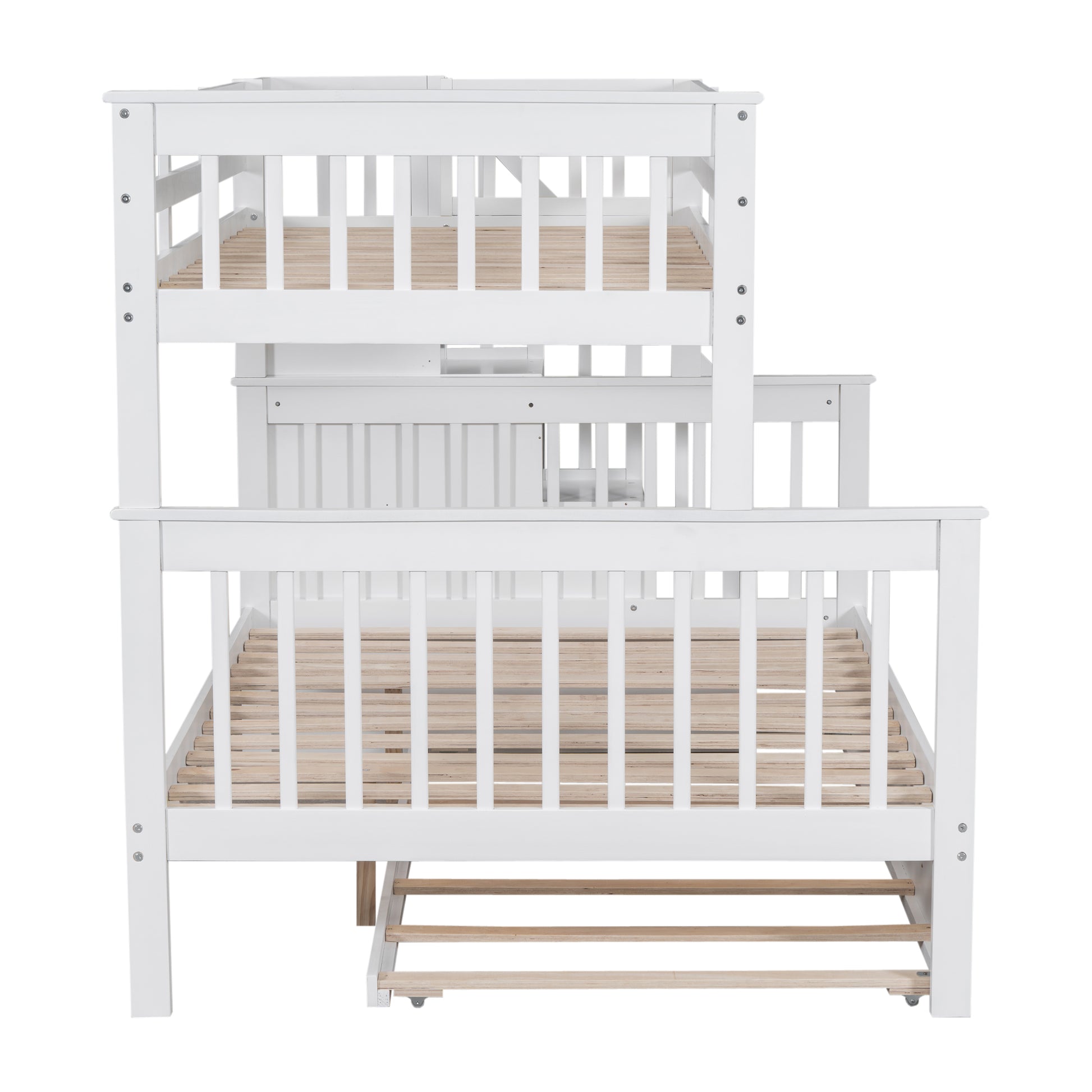 White wooden triple bunk bed with ladder