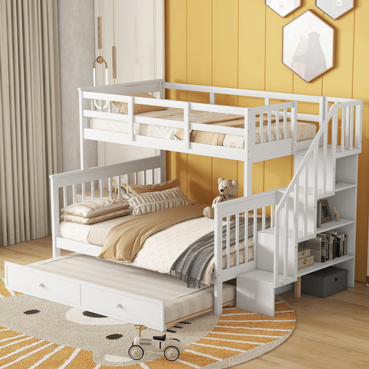 White twin over twin bunk bed with trundle and stairs