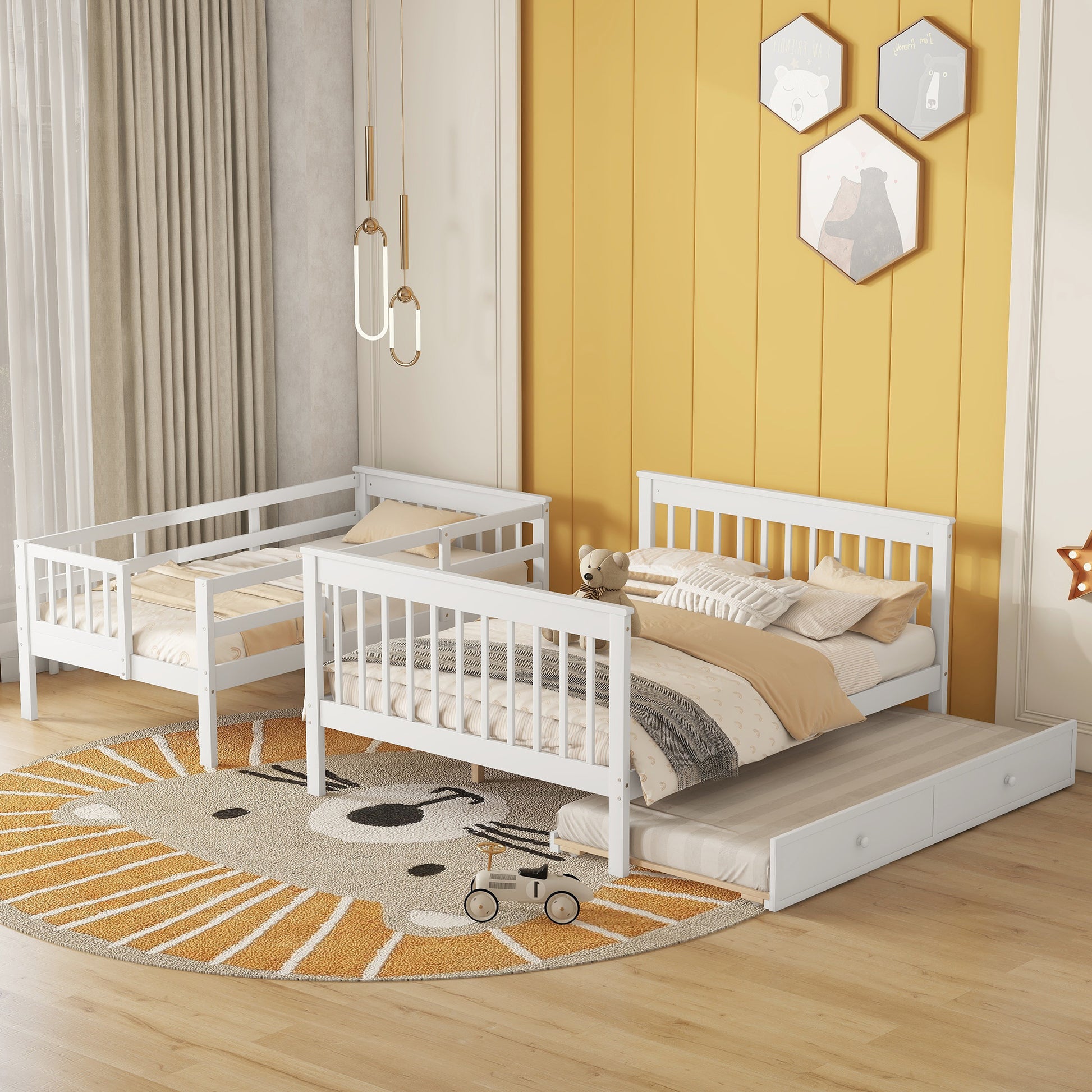White wooden twin bed frame with pullout trundle and safety rails perfect for kids rooms