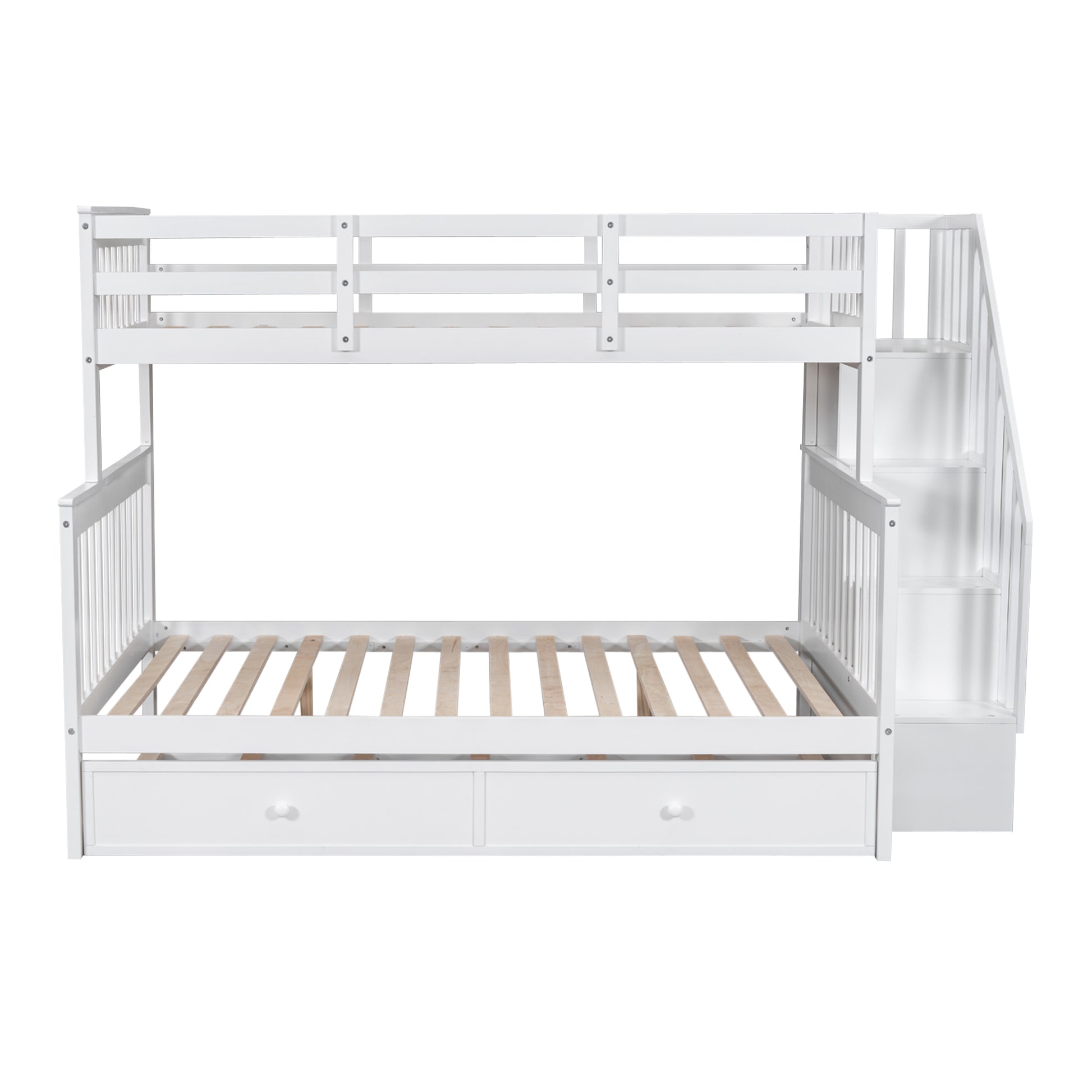 White wooden twin over twin bunk bed with drawers and stairs