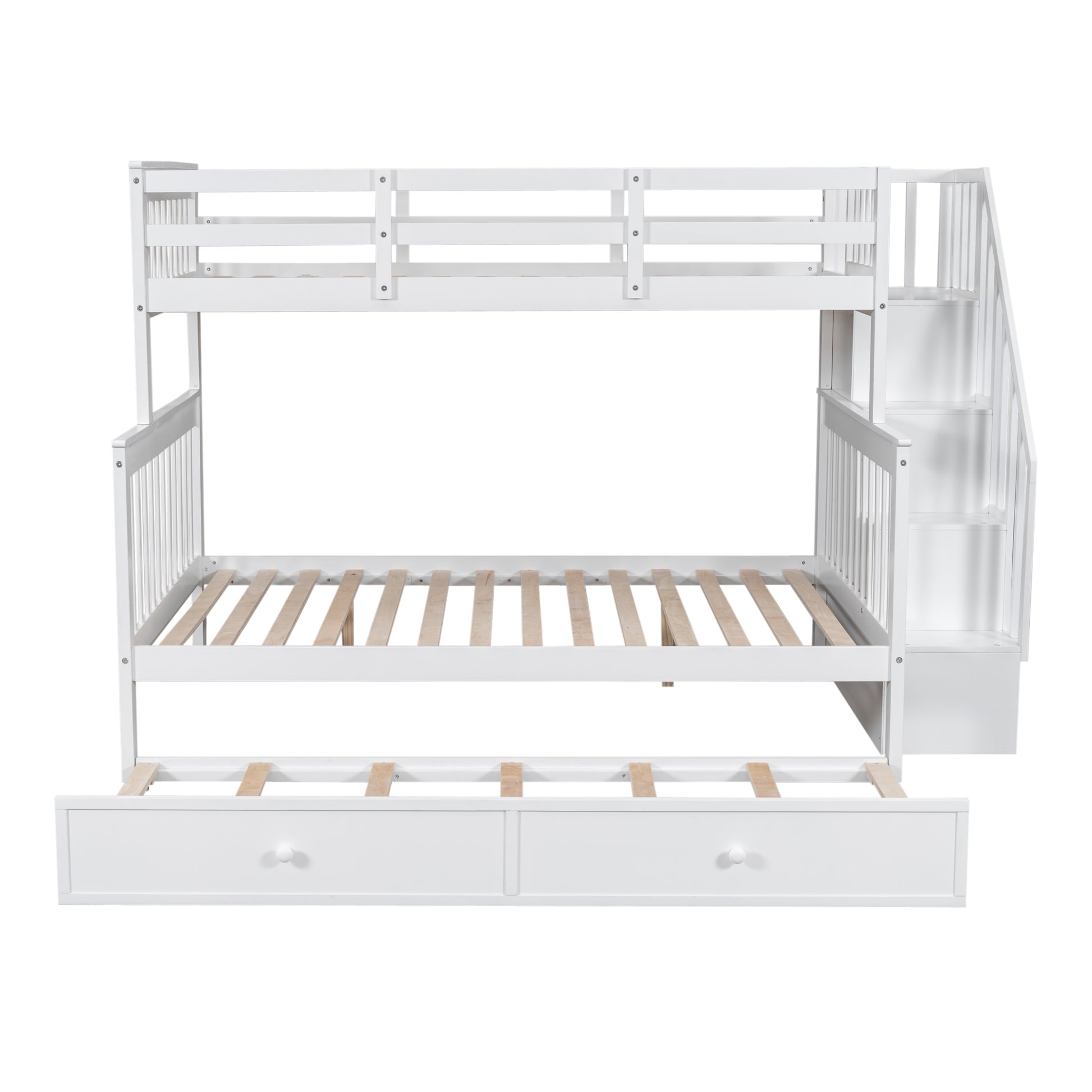 White wooden twin over twin bunk bed with stairs and drawers