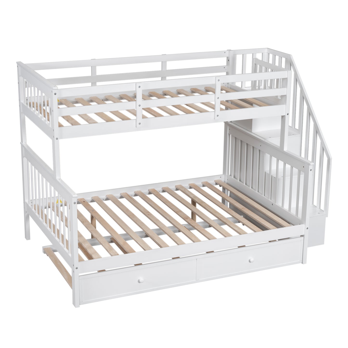 White wooden bunk bed with stairs and drawers