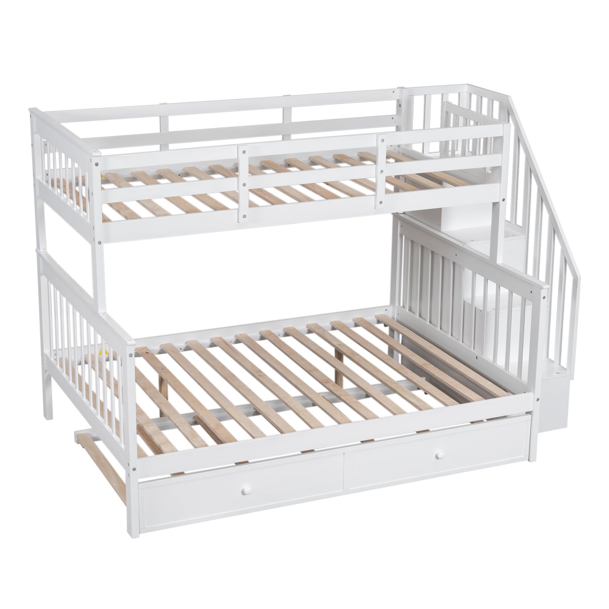 White wooden bunk bed with stairs and drawers