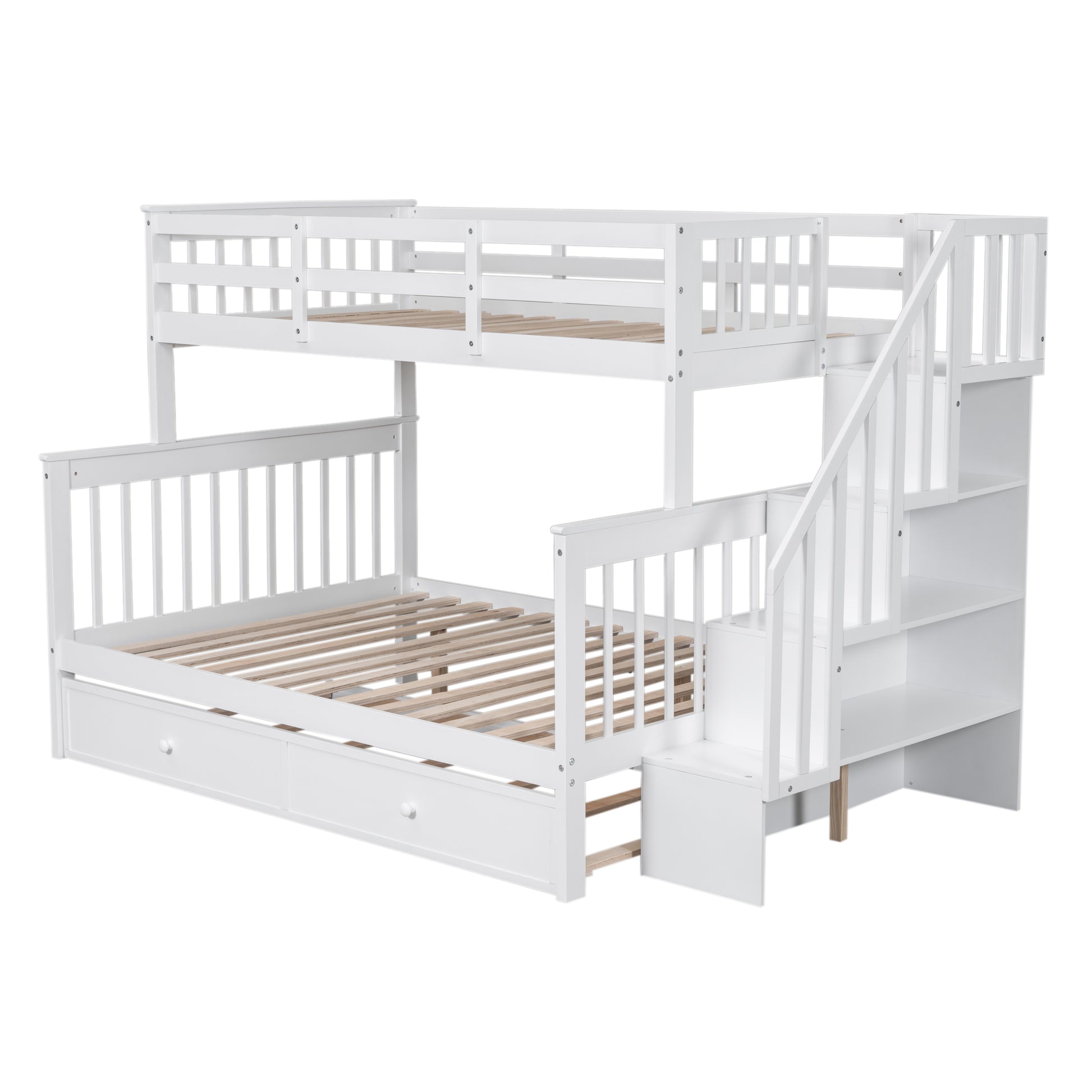 White wooden bunk bed with drawers and stairs