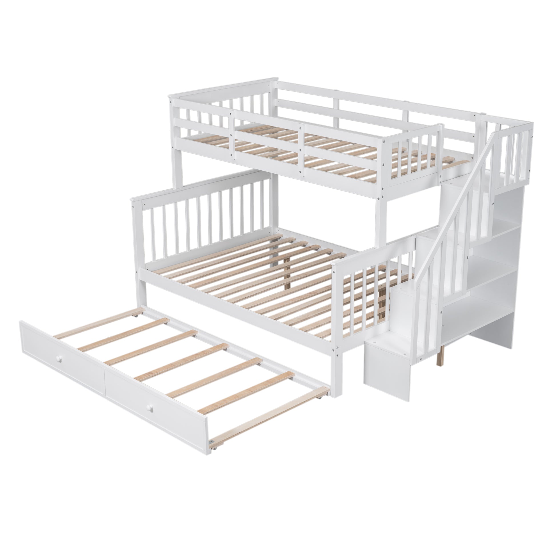 White triple bunk bed with staircase and trundle