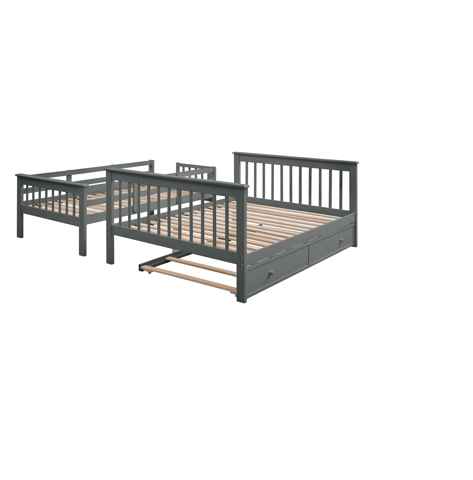 Gray wooden twin bed frame with pullout trundle and drawers