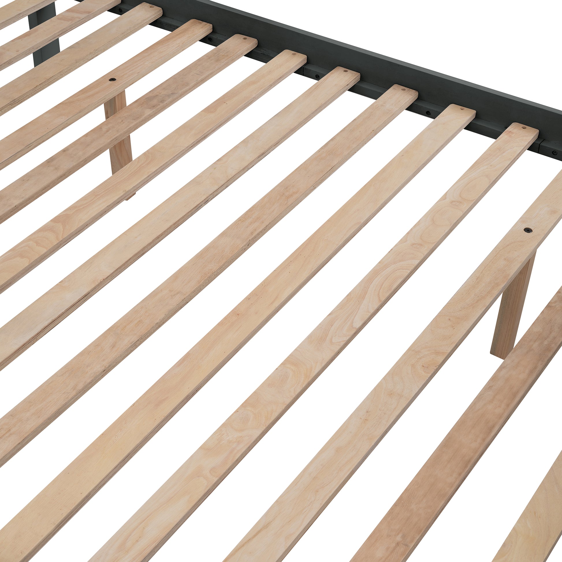 Closeup of a dark grey metal bed frame with natural wood slats