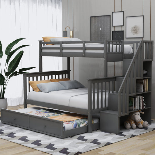 Gray wooden bunk bed with pullout trundle and stairs
