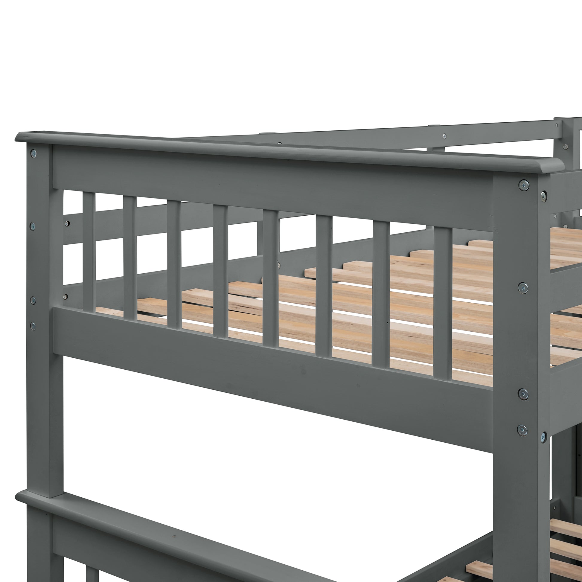 Grey wooden bunk bed frame with slatted base