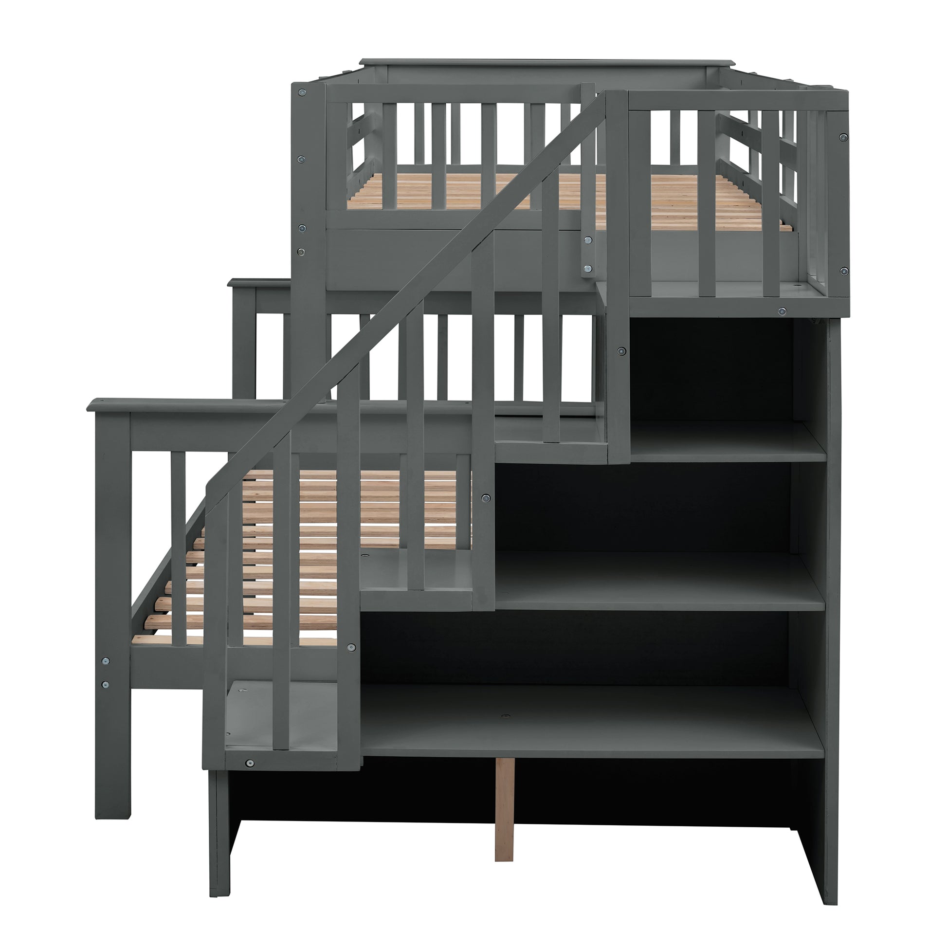 Gray wooden loft bed with integrated stairs and shelves