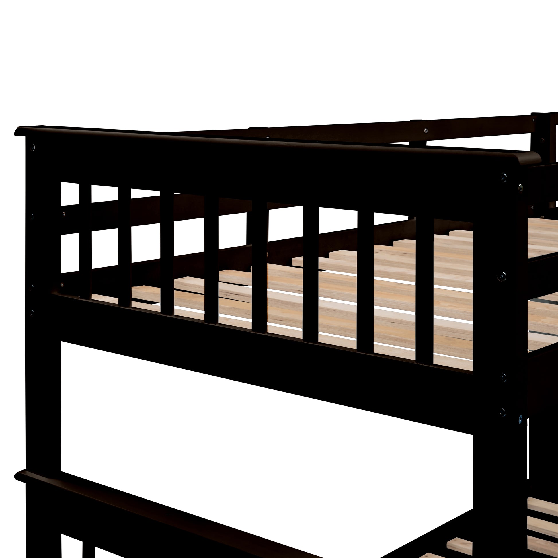 Dark brown wooden bunk bed frame with slatted mattress support