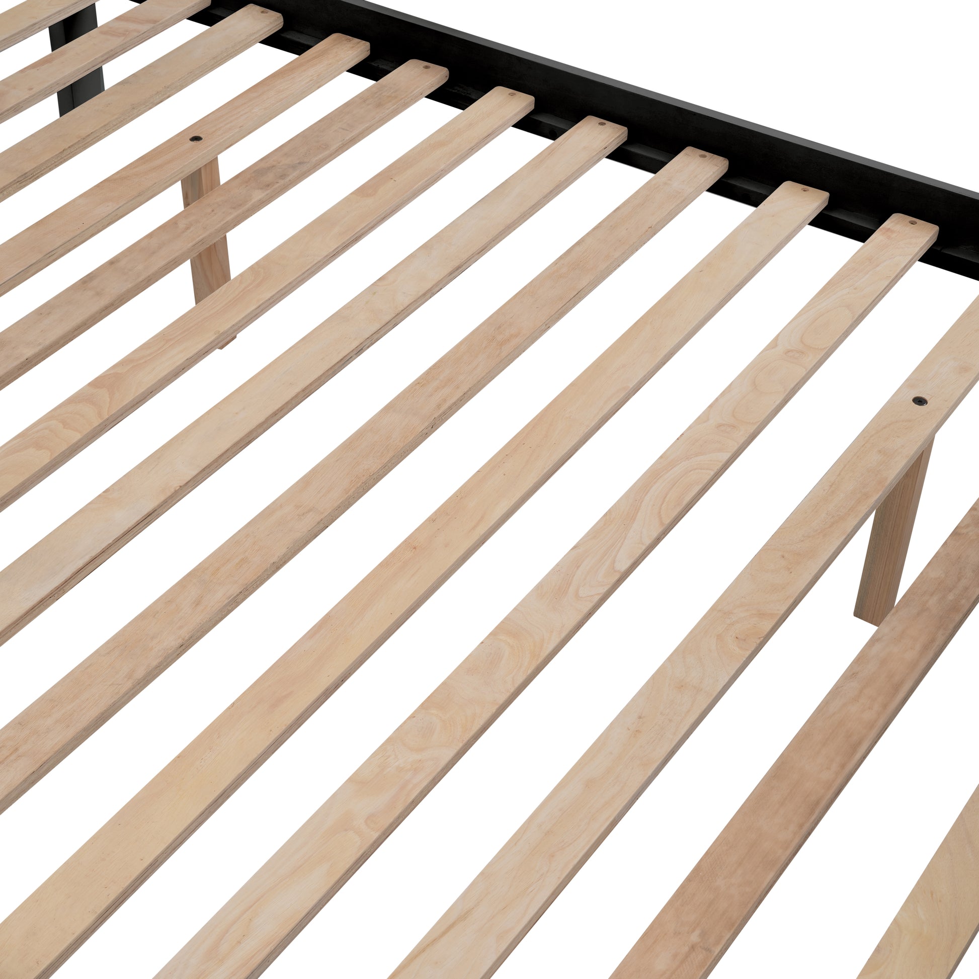 Closeup of a black metal bed frame with natural wood slats