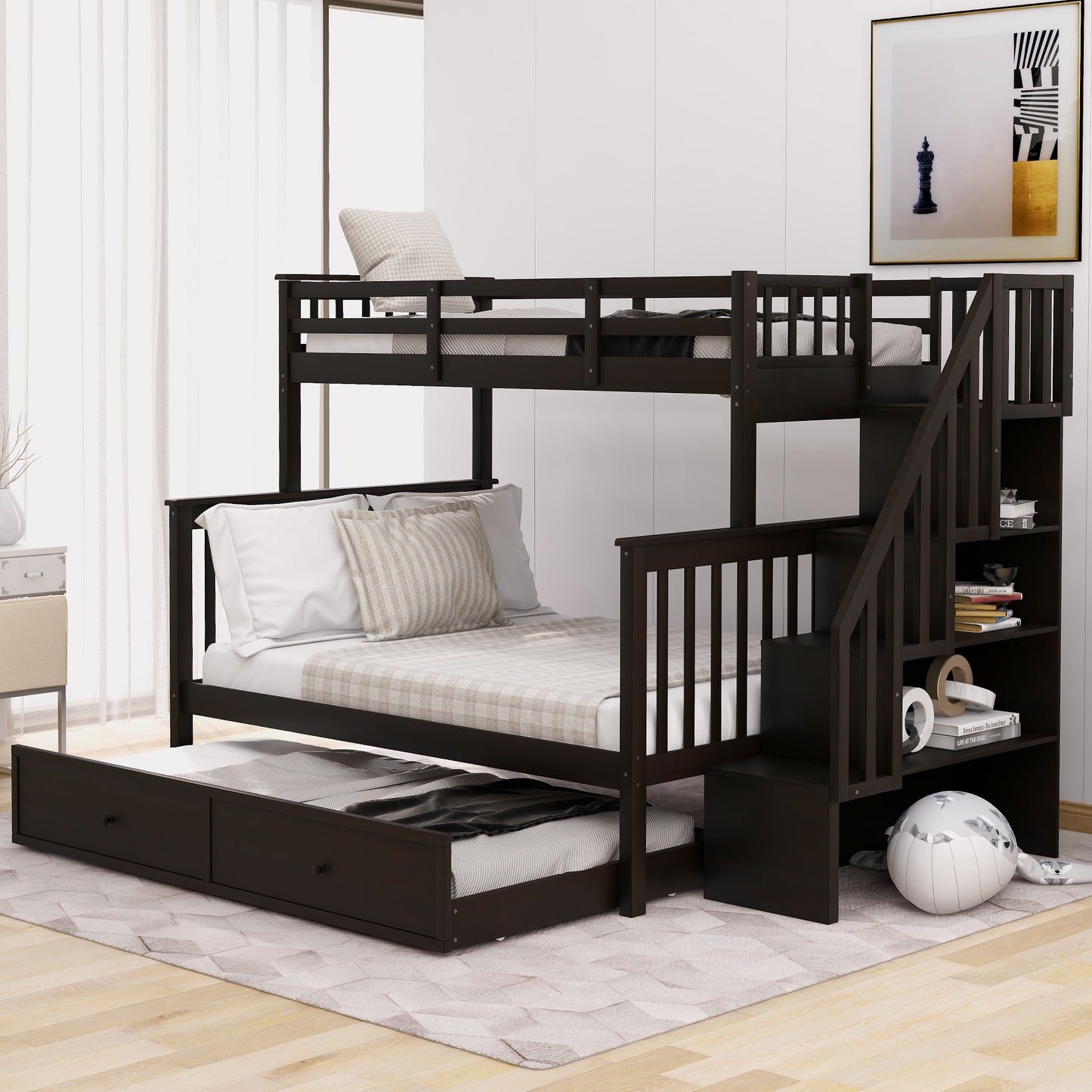 Dark brown wooden triple bunk bed with stairs and trundle