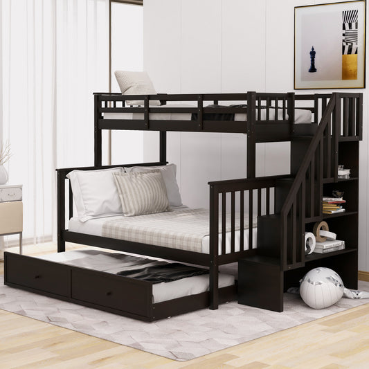 Dark brown wooden triple bunk bed with stairs and trundle