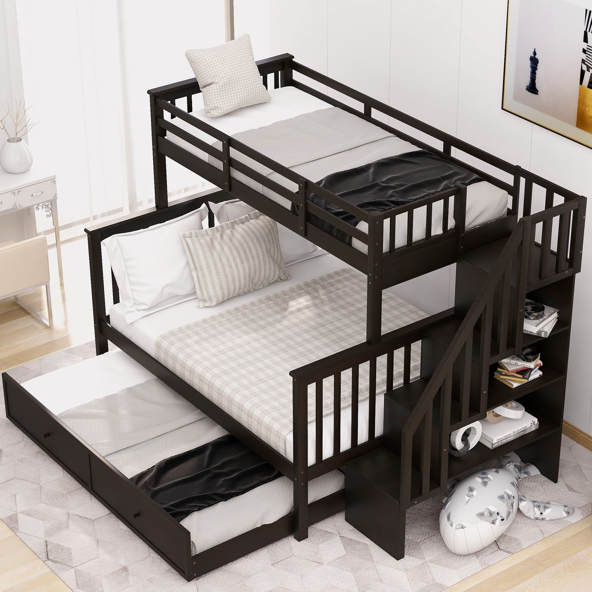 Dark espresso wood triple bunk bed with stairs and trundle