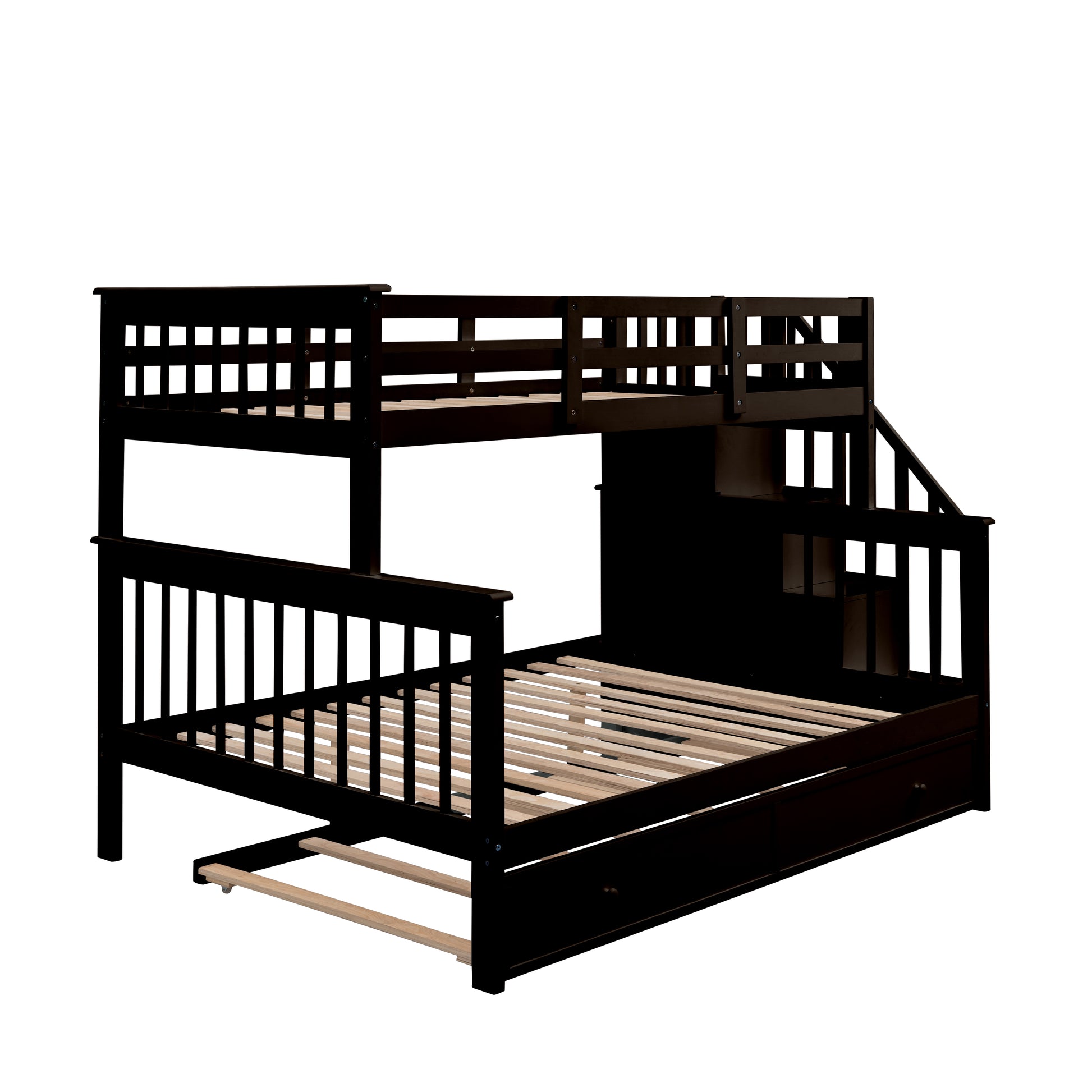 Dark espresso twin over twin bunk bed with stairs and pullout trundle