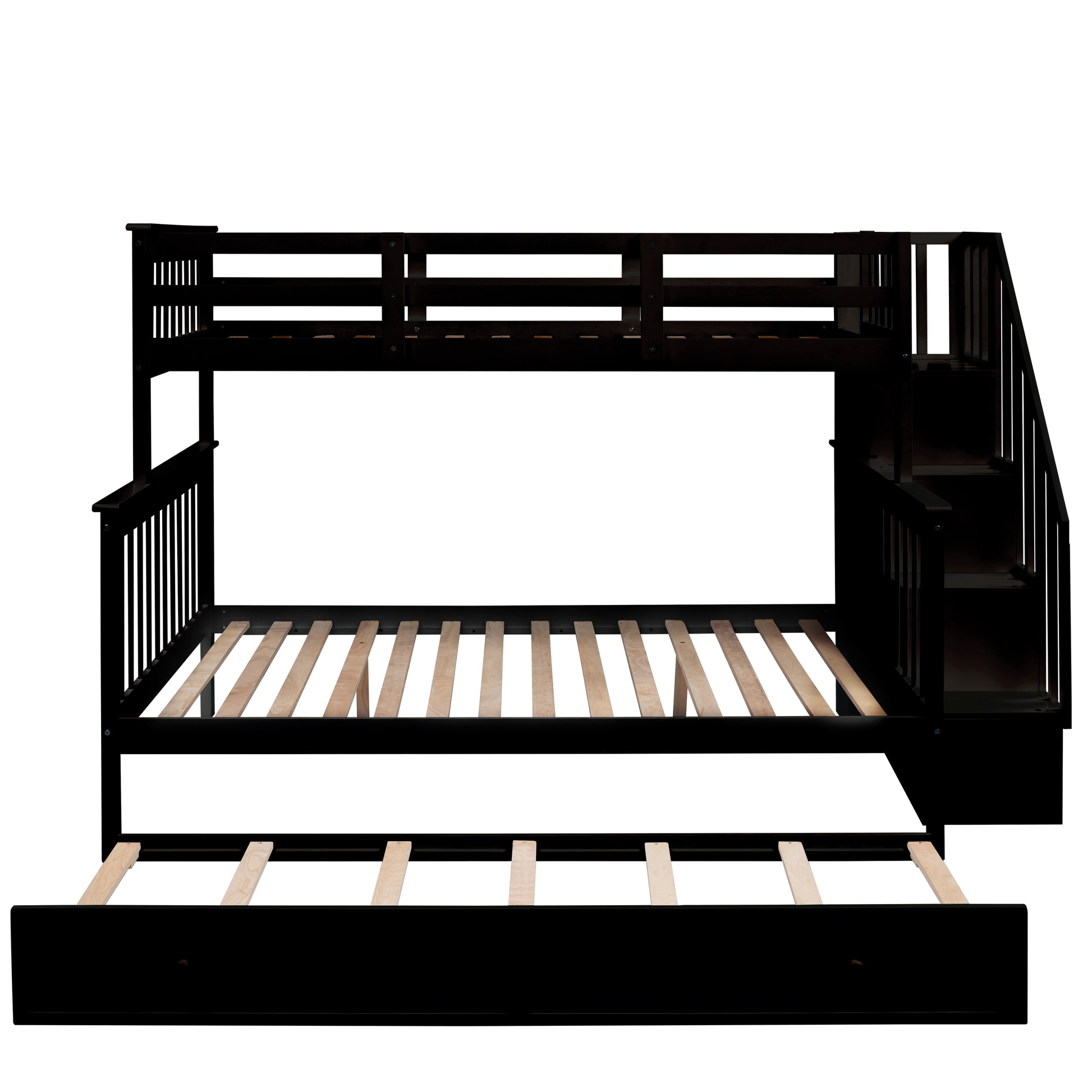 Black wooden bunk bed with stairs and pullout trundle