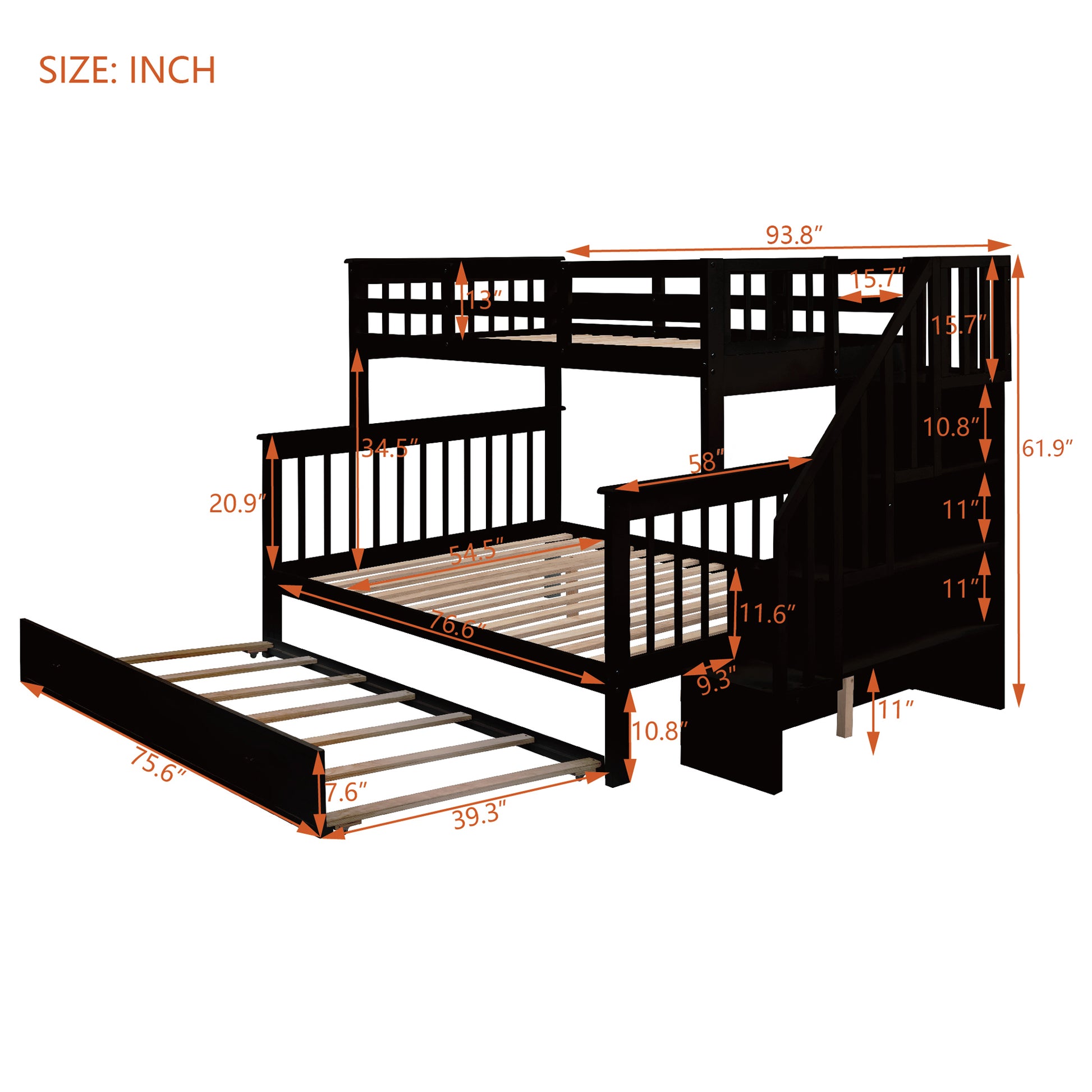 Black triple bunk bed with stairs showcasing detailed dimensions for a kids bedroom setup