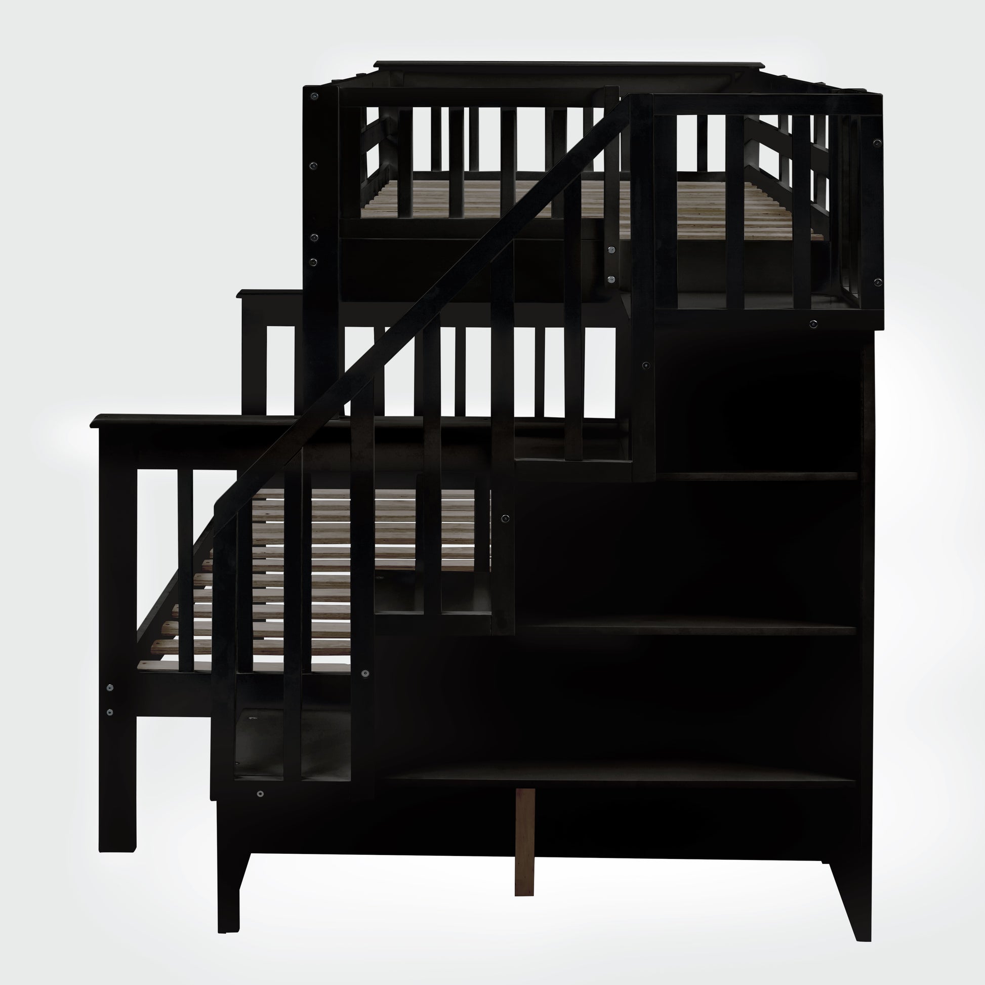 Black wooden loft bed with integrated staircase and shelves