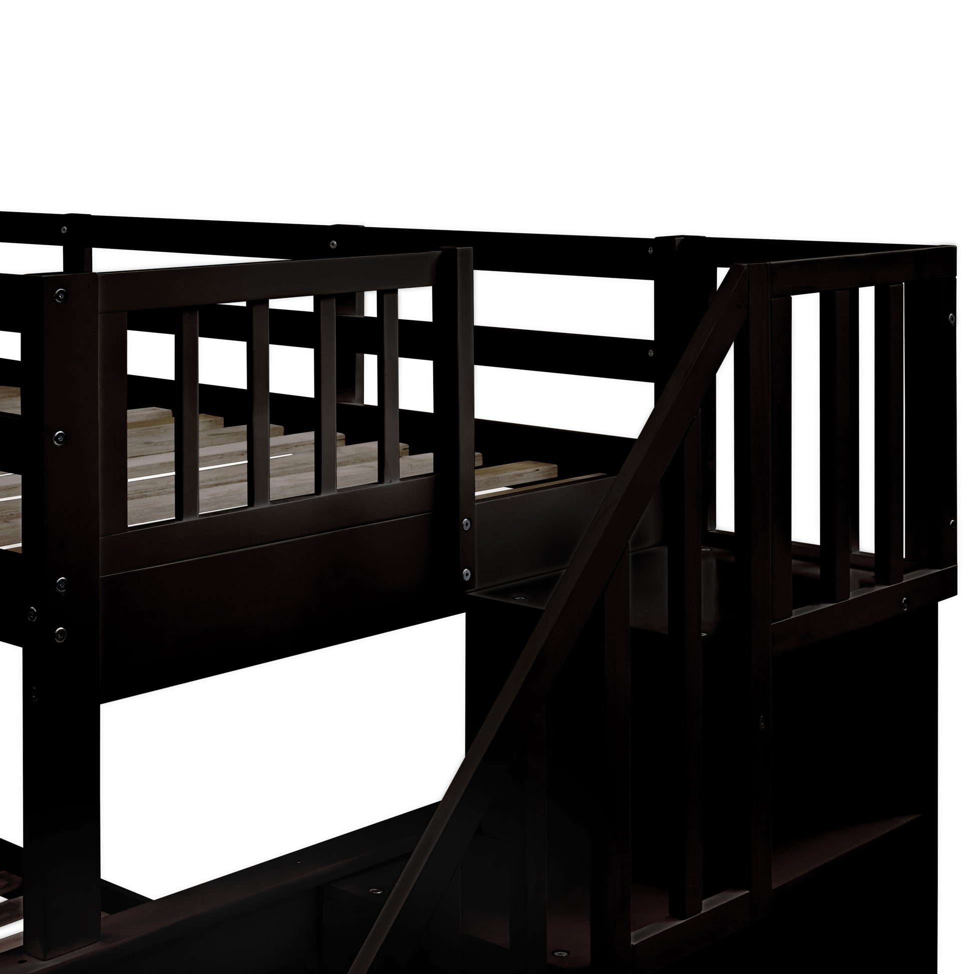 Dark wood bunk bed with safety rails and stairs