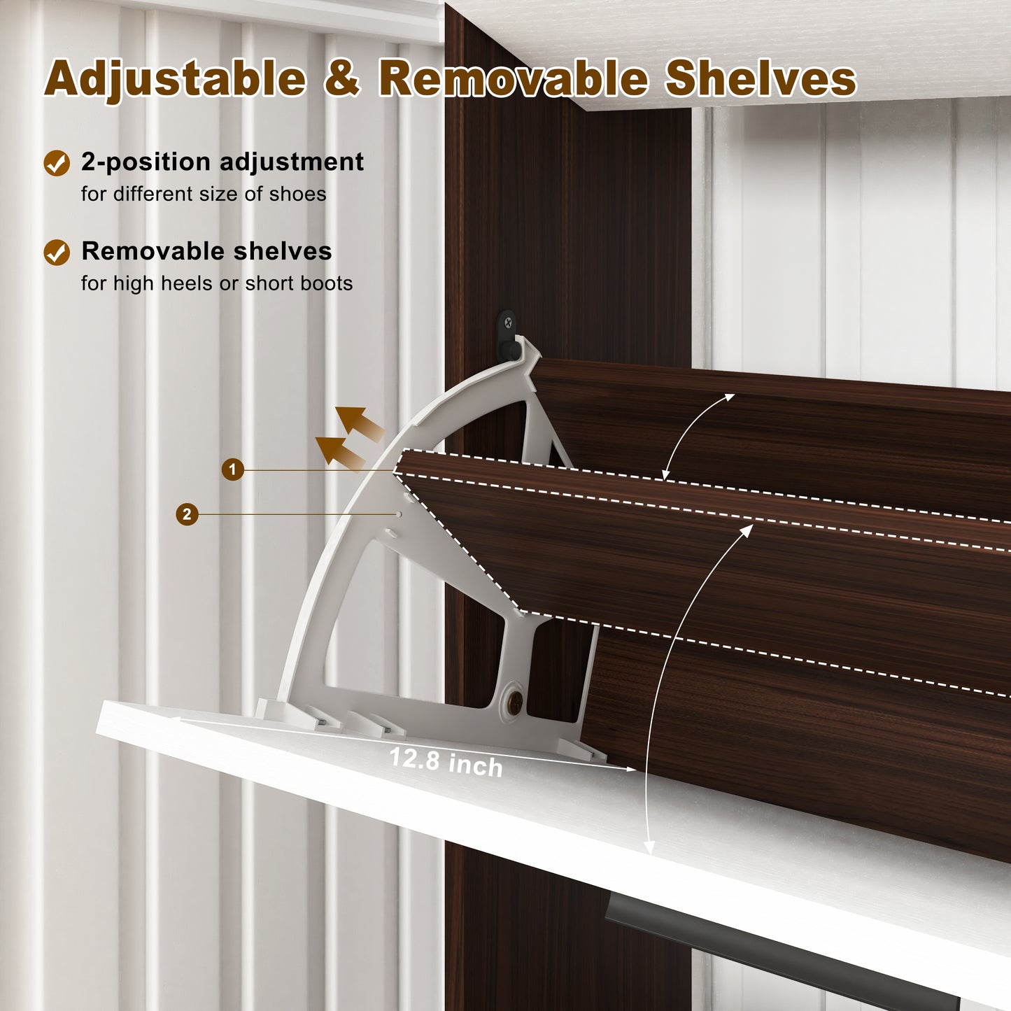 White plastic shoe rack shelf with dark wood grain panel adjustable for shoes