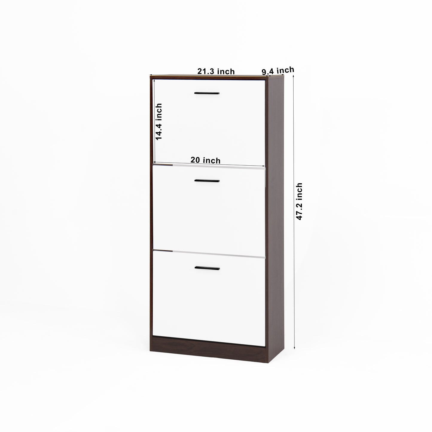 White and dark brown threedrawer shoe cabinet with black handles