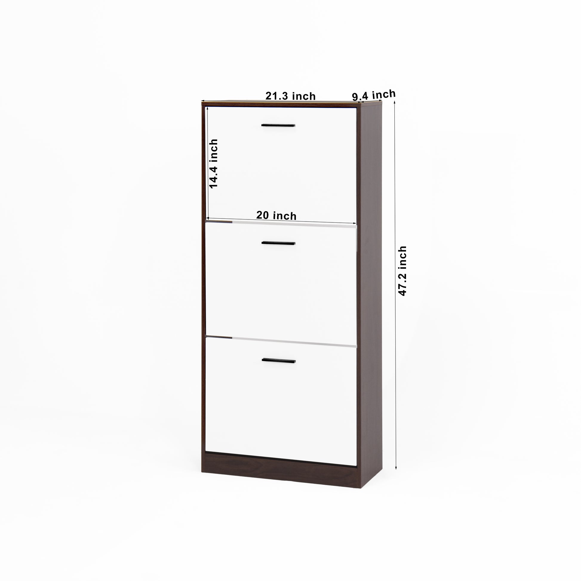 White and dark brown threedrawer shoe cabinet with black handles
