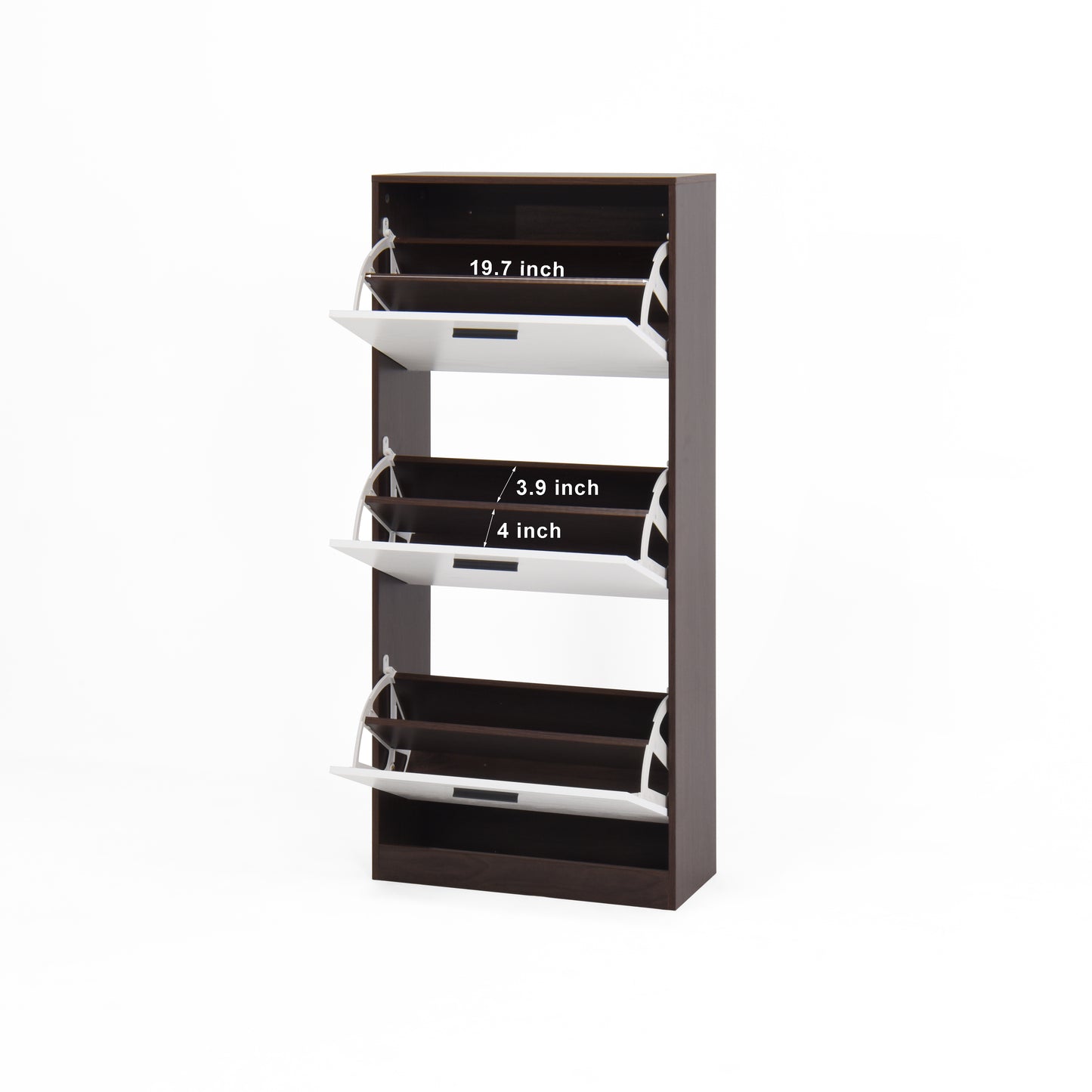 Slim dark brown entryway shoe cabinet with three flipout drawers