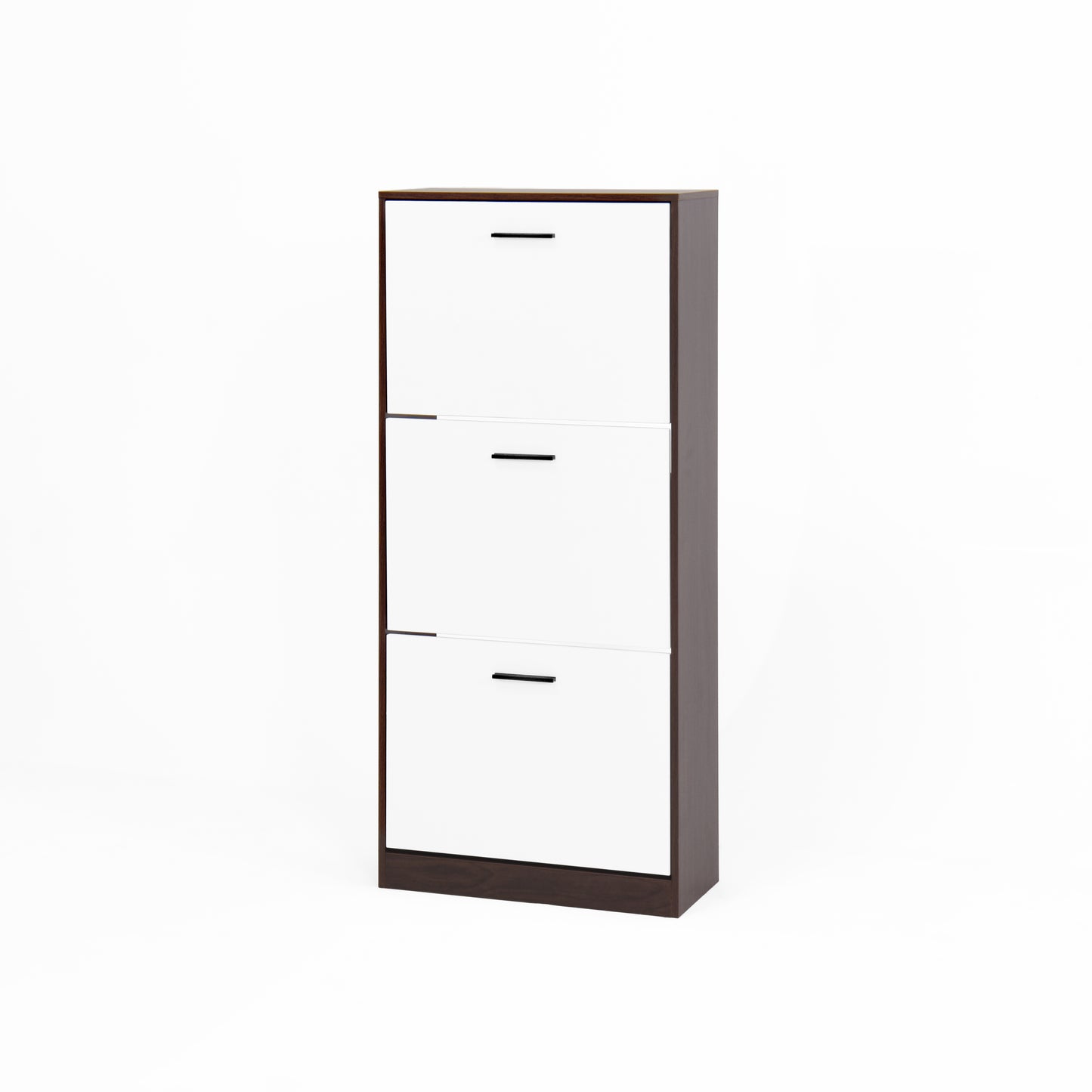Narrow white shoe cabinet with three flipdown doors and dark wood trim